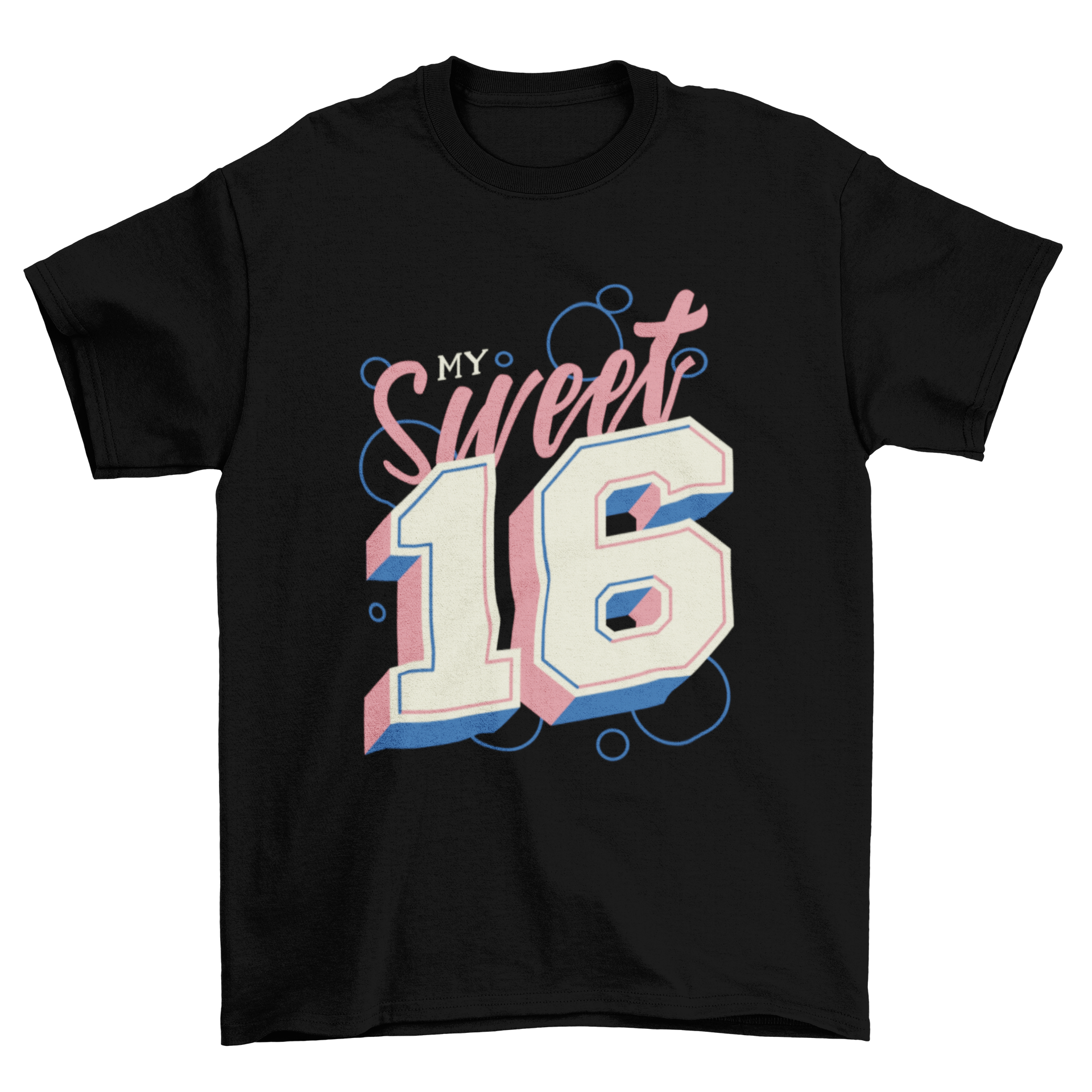 A stylish Sweet 16 t-shirt featuring pink and white lettering that reads 'My Sweet 16', perfect for birthday celebrations.