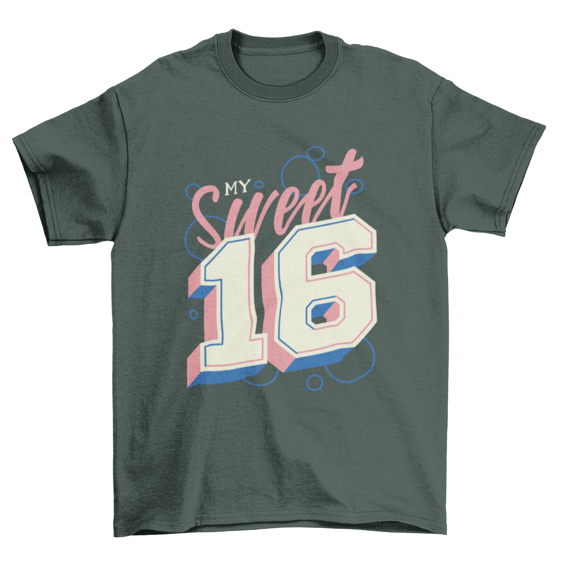 A stylish Sweet 16 t-shirt featuring pink and white lettering that reads 'My Sweet 16', perfect for birthday celebrations.