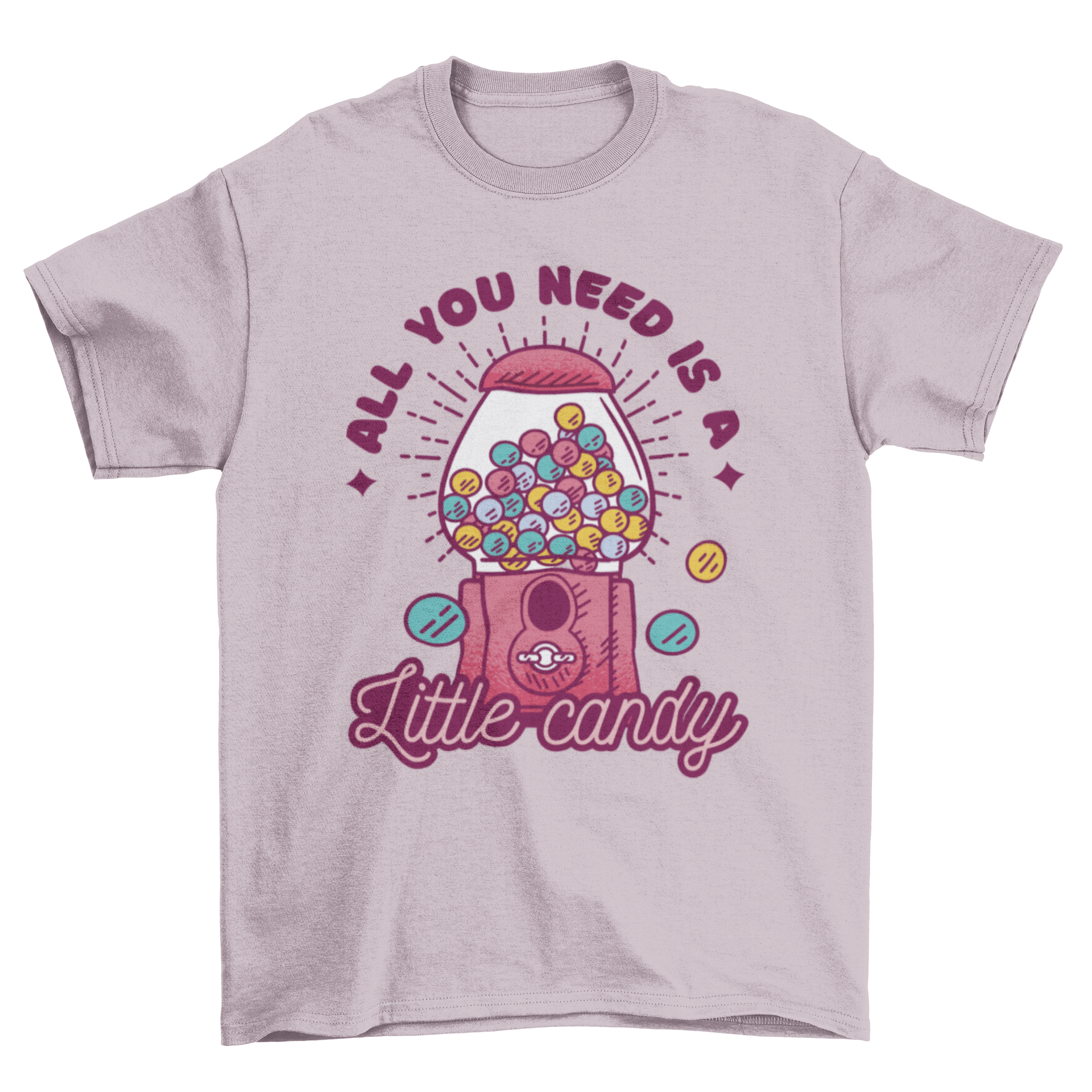 Sweet Candy Machine T-Shirt featuring a colorful candy machine graphic and the quote 'All you need is a little candy'.