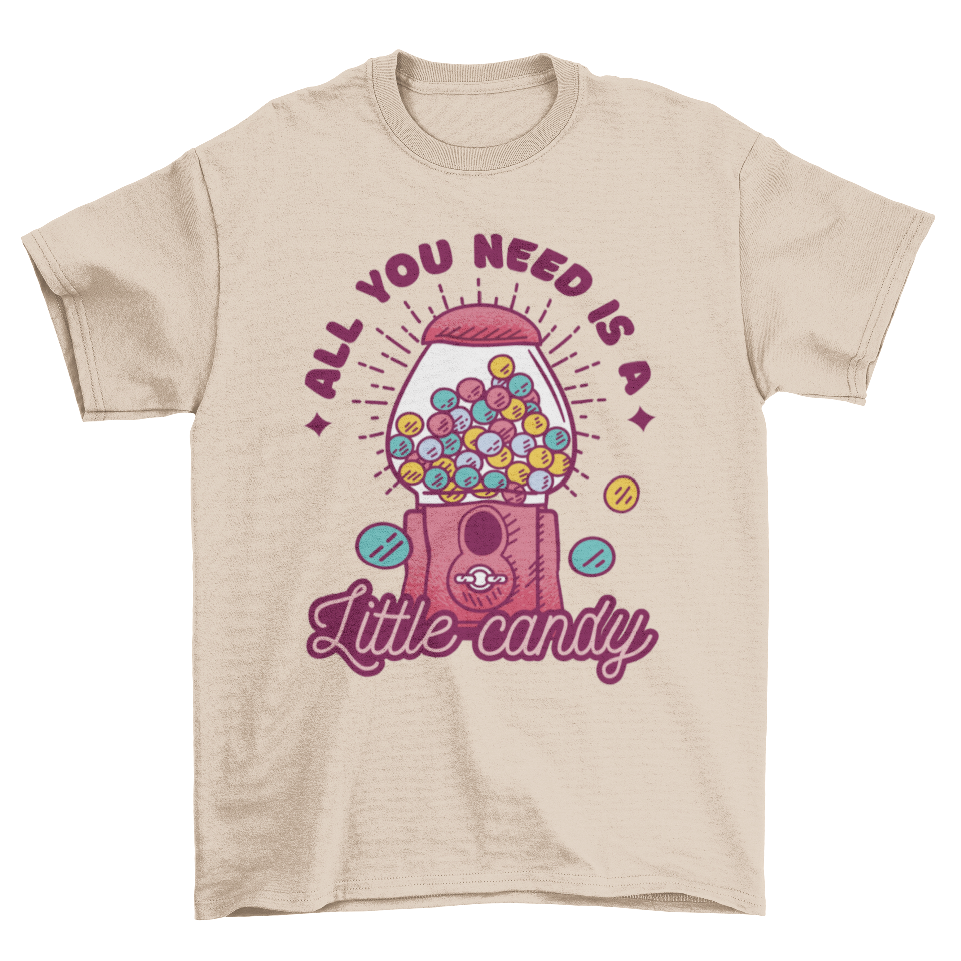 Sweet Candy Machine T-Shirt featuring a colorful candy machine graphic and the quote 'All you need is a little candy'.