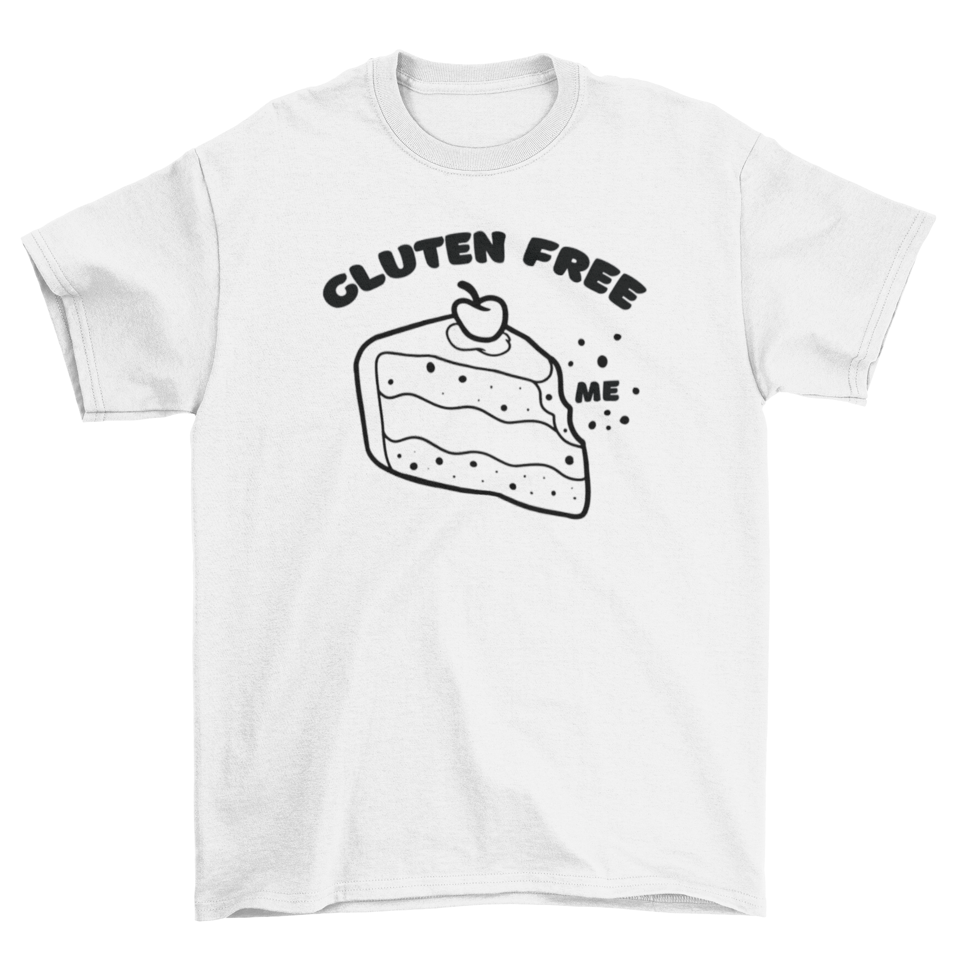 A stylish t-shirt featuring a colorful cherry cake slice design with the quote 'Gluten free me', perfect for dessert lovers.