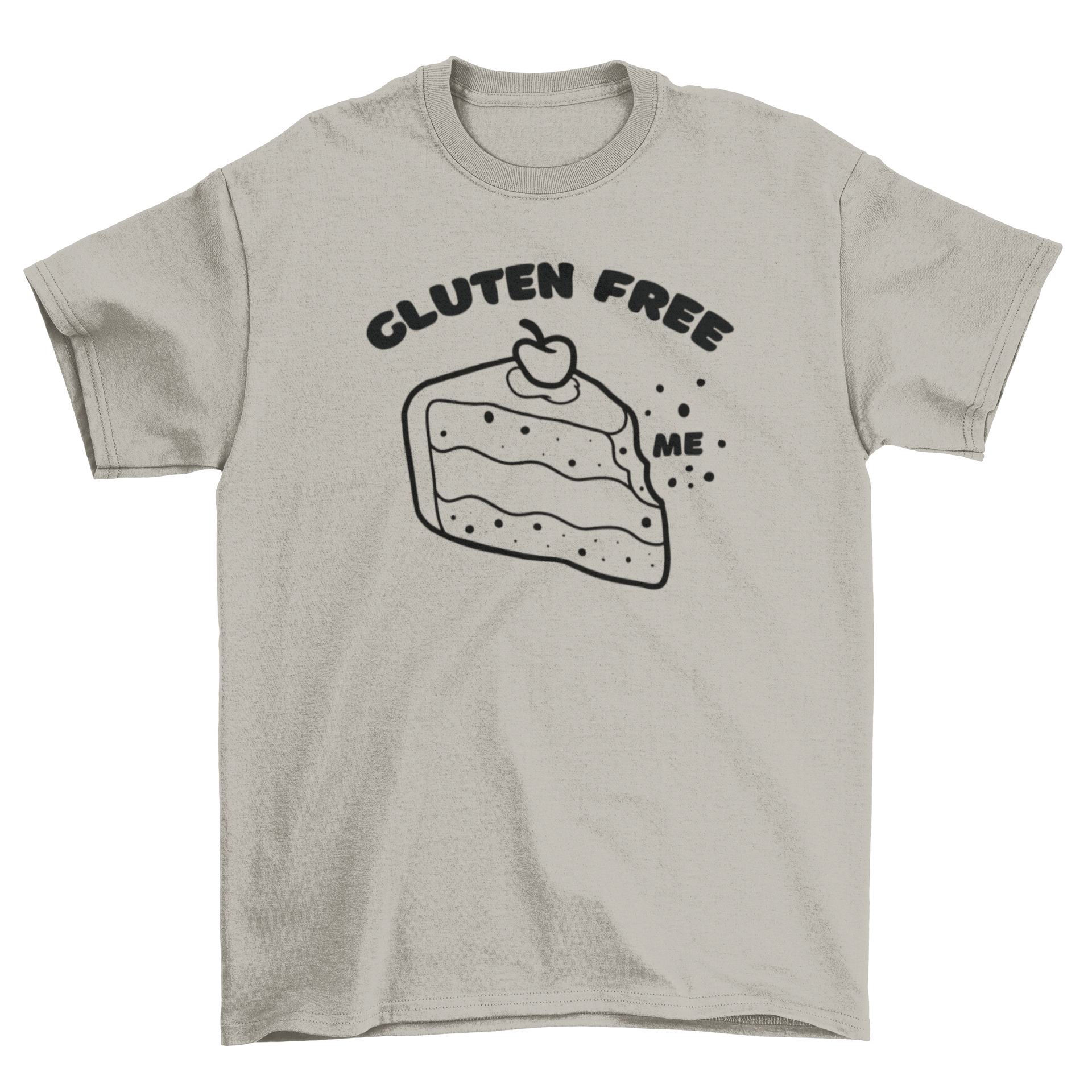 A stylish t-shirt featuring a colorful cherry cake slice design with the quote 'Gluten free me', perfect for dessert lovers.