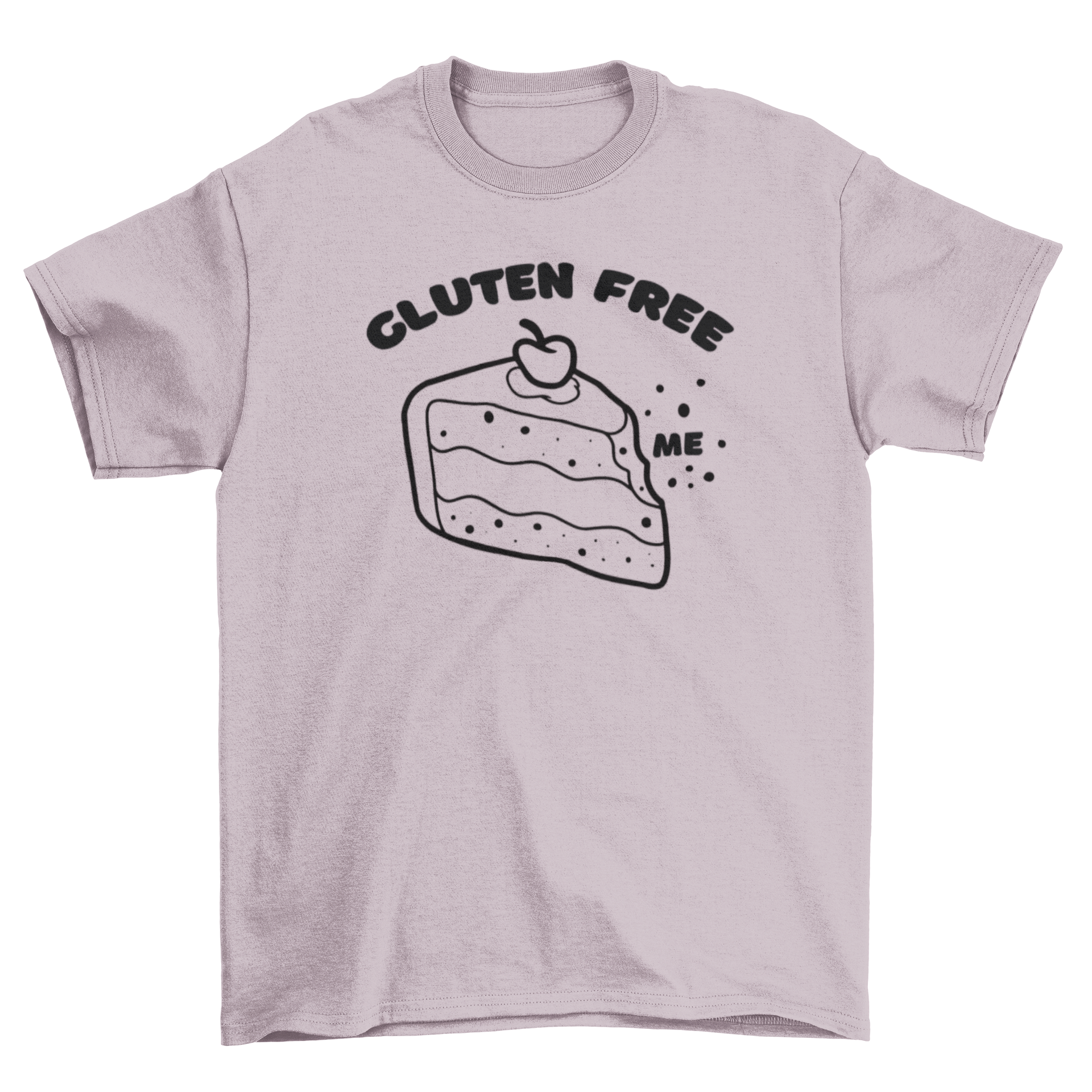 A stylish t-shirt featuring a colorful cherry cake slice design with the quote 'Gluten free me', perfect for dessert lovers.