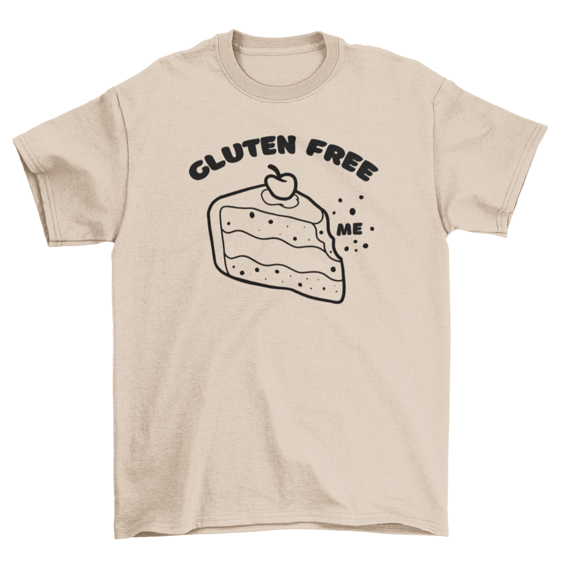 A stylish t-shirt featuring a colorful cherry cake slice design with the quote 'Gluten free me', perfect for dessert lovers.