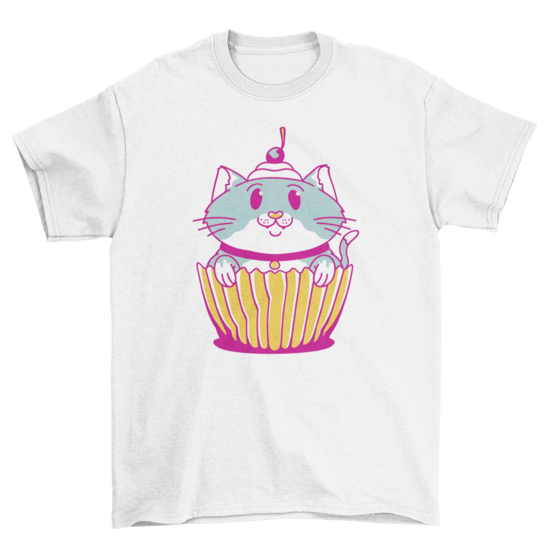 A colorful Sweet Cupcake Cat T-shirt featuring a whimsical cupcake cat character design, perfect for cat lovers.