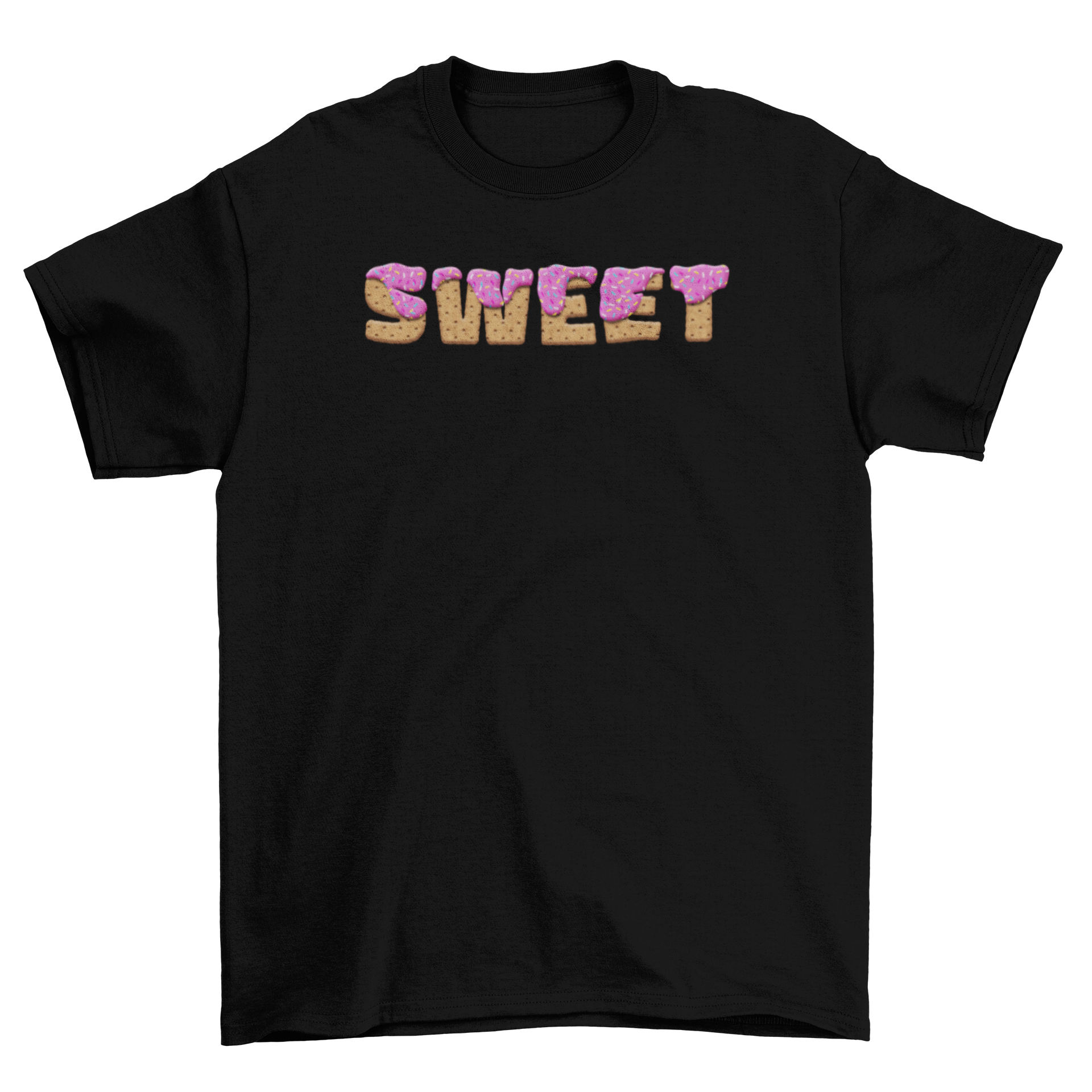 A cute t-shirt featuring colorful donut texts and sprinkles, perfect for casual wear.