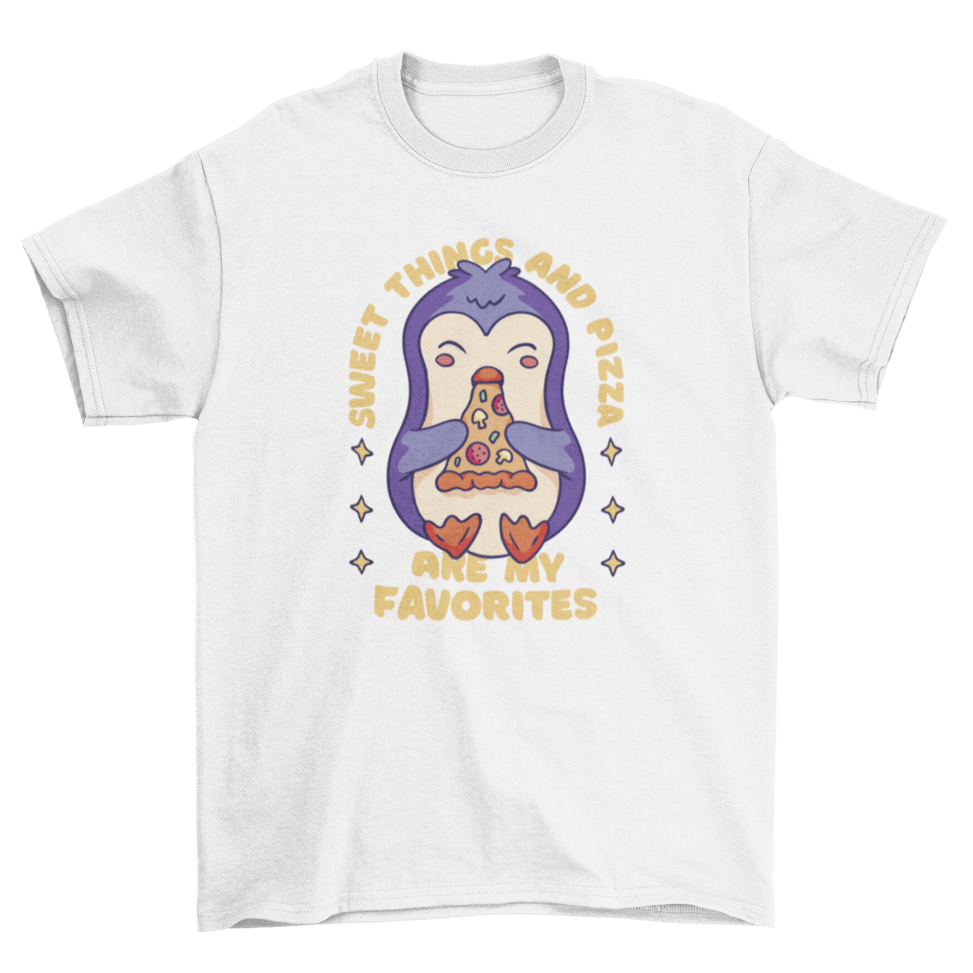 A playful t-shirt featuring a cute penguin eating pizza with the quote 'Sweet things and pizza are my favorites'.