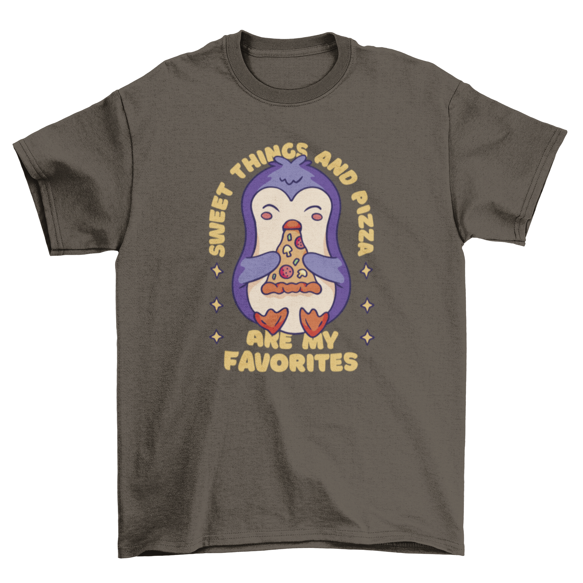 A playful t-shirt featuring a cute penguin eating pizza with the quote 'Sweet things and pizza are my favorites'.