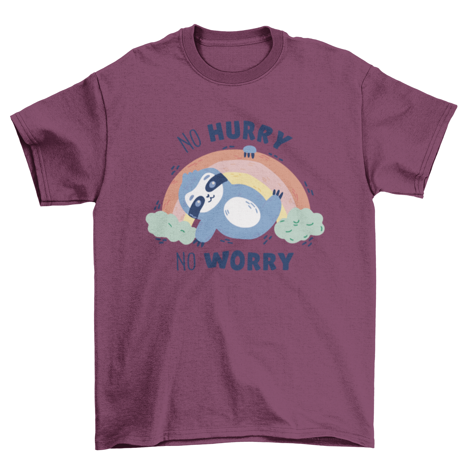 A colorful t-shirt featuring a sloth lounging on a rainbow with the quote 'No hurry no worry'.