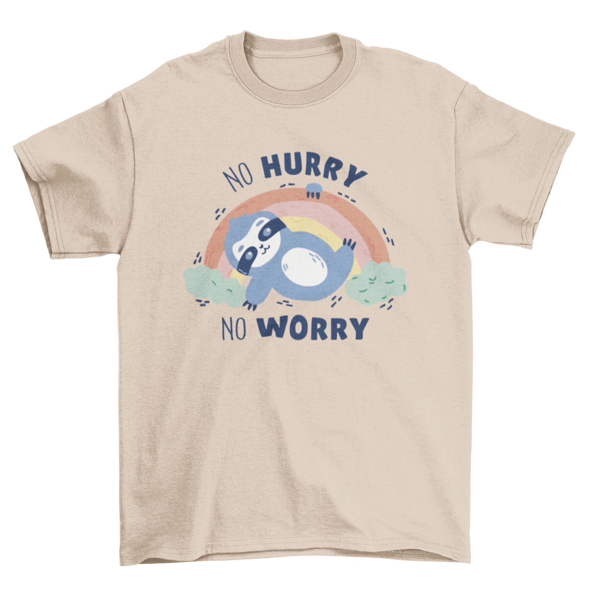 A colorful t-shirt featuring a sloth lounging on a rainbow with the quote 'No hurry no worry'.