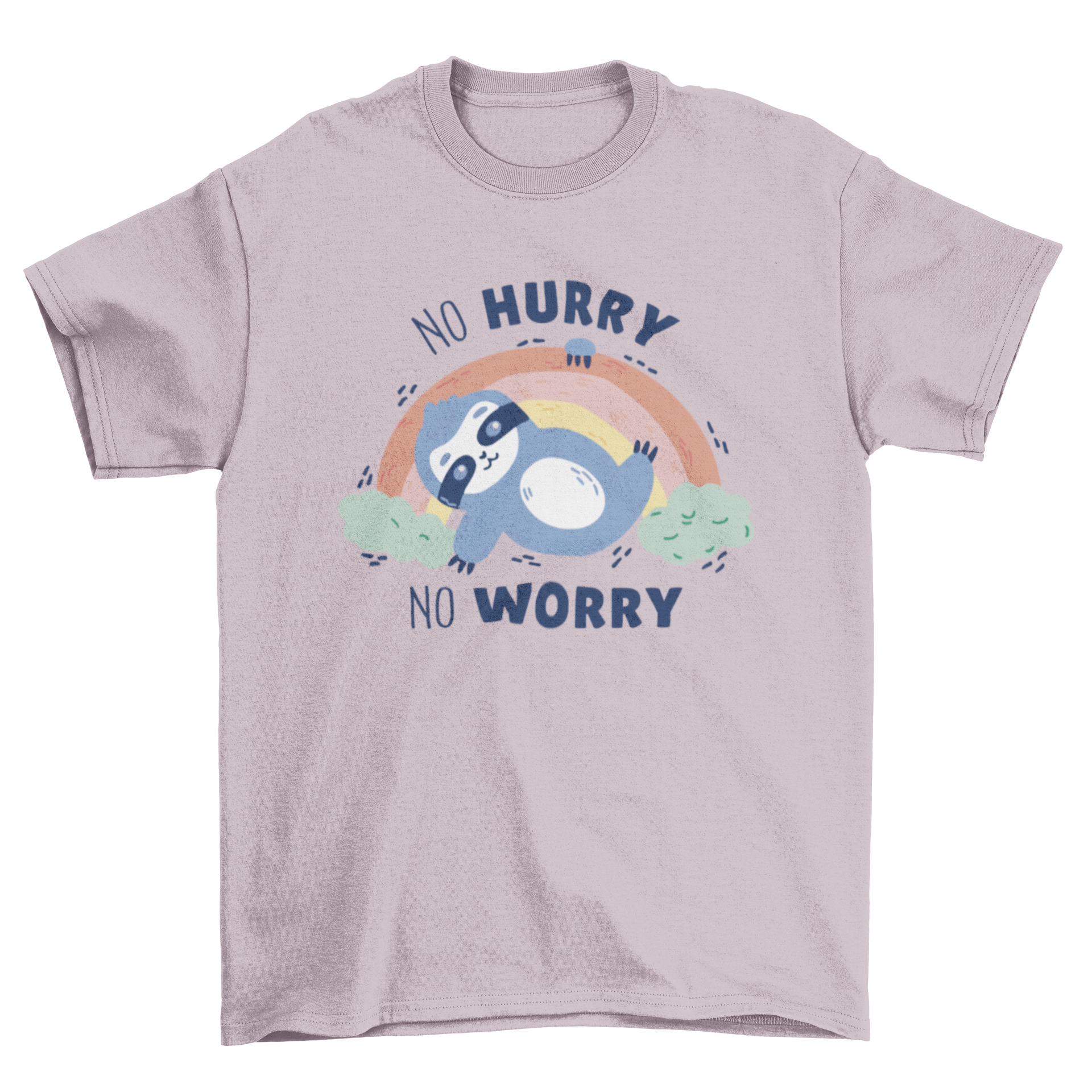 A colorful t-shirt featuring a sloth lounging on a rainbow with the quote 'No hurry no worry'.