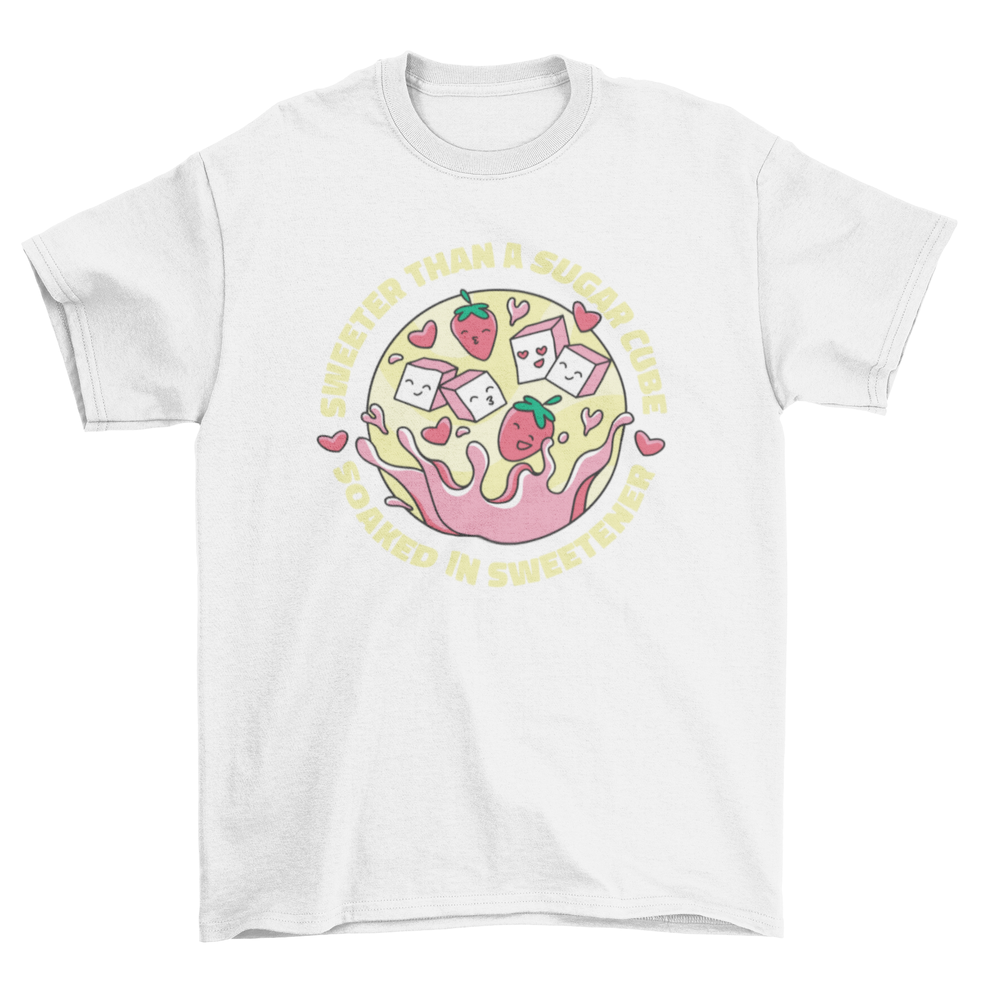 A cute t-shirt design featuring strawberries and sugar cubes falling into a pink drink with the phrase 'sweeter than a sugar cube'.