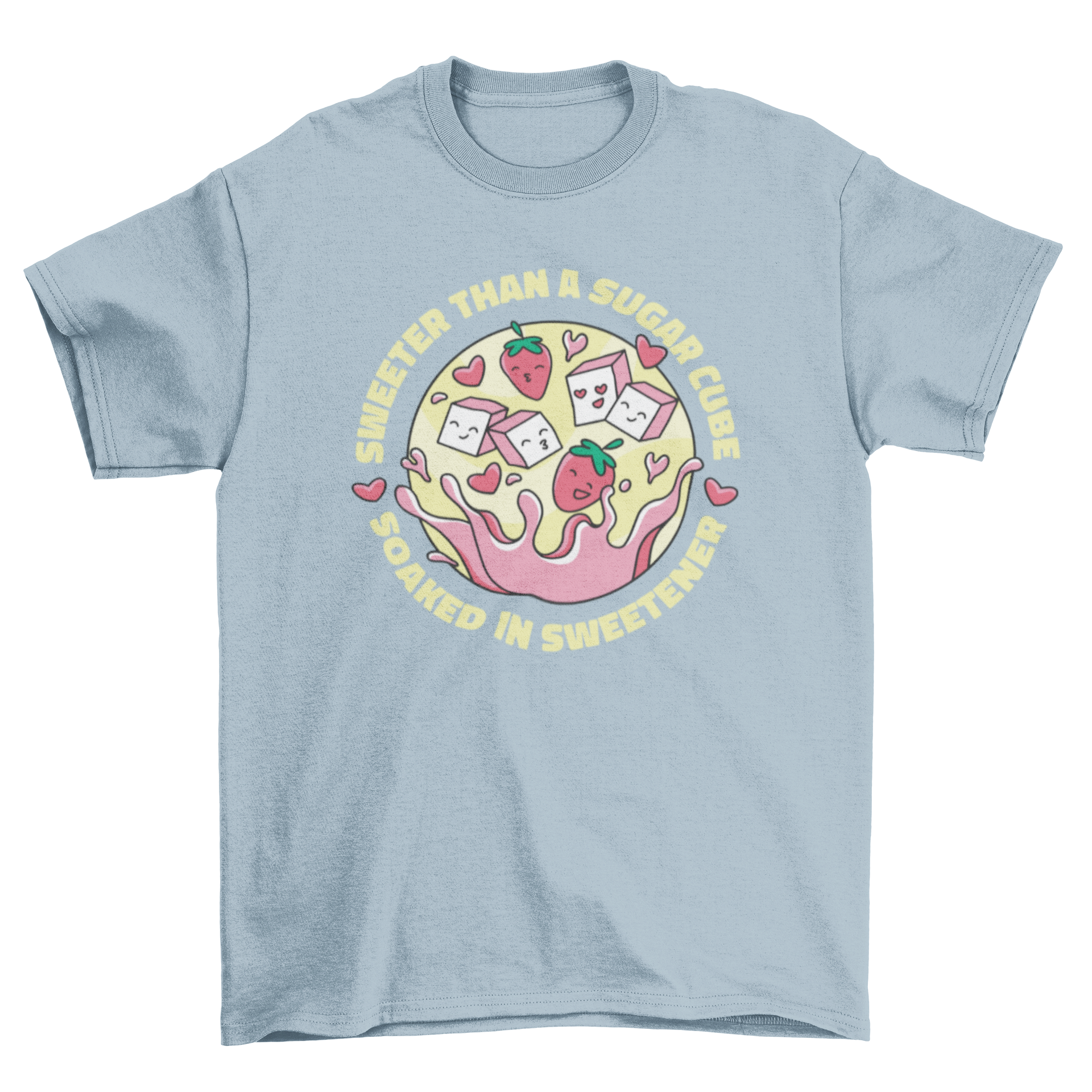 A cute t-shirt design featuring strawberries and sugar cubes falling into a pink drink with the phrase 'sweeter than a sugar cube'.