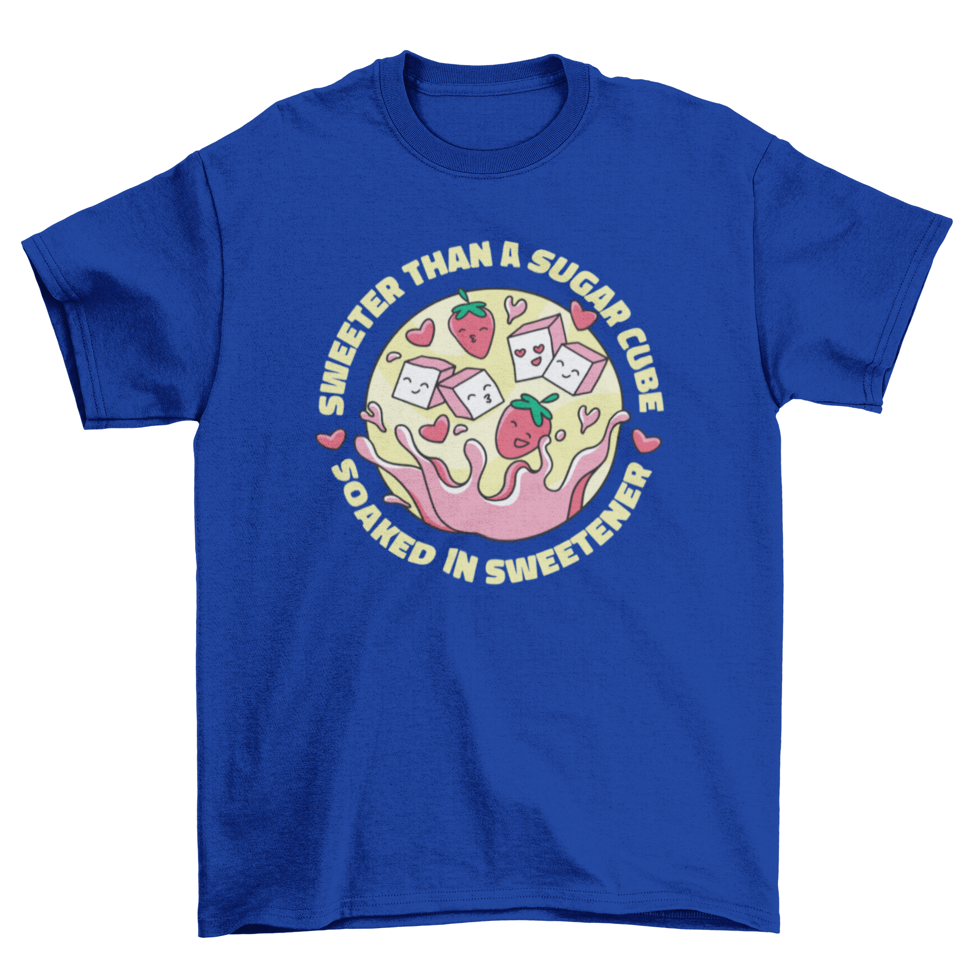 A cute t-shirt design featuring strawberries and sugar cubes falling into a pink drink with the phrase 'sweeter than a sugar cube'.