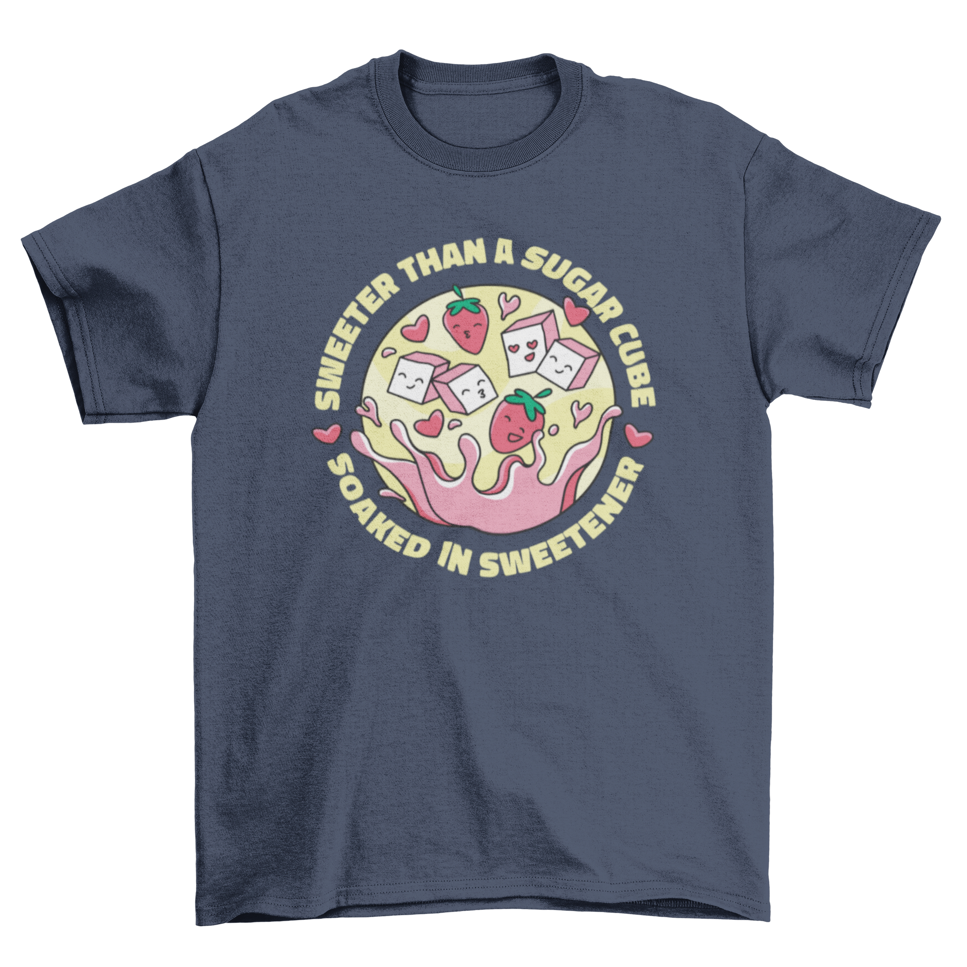 A cute t-shirt design featuring strawberries and sugar cubes falling into a pink drink with the phrase 'sweeter than a sugar cube'.