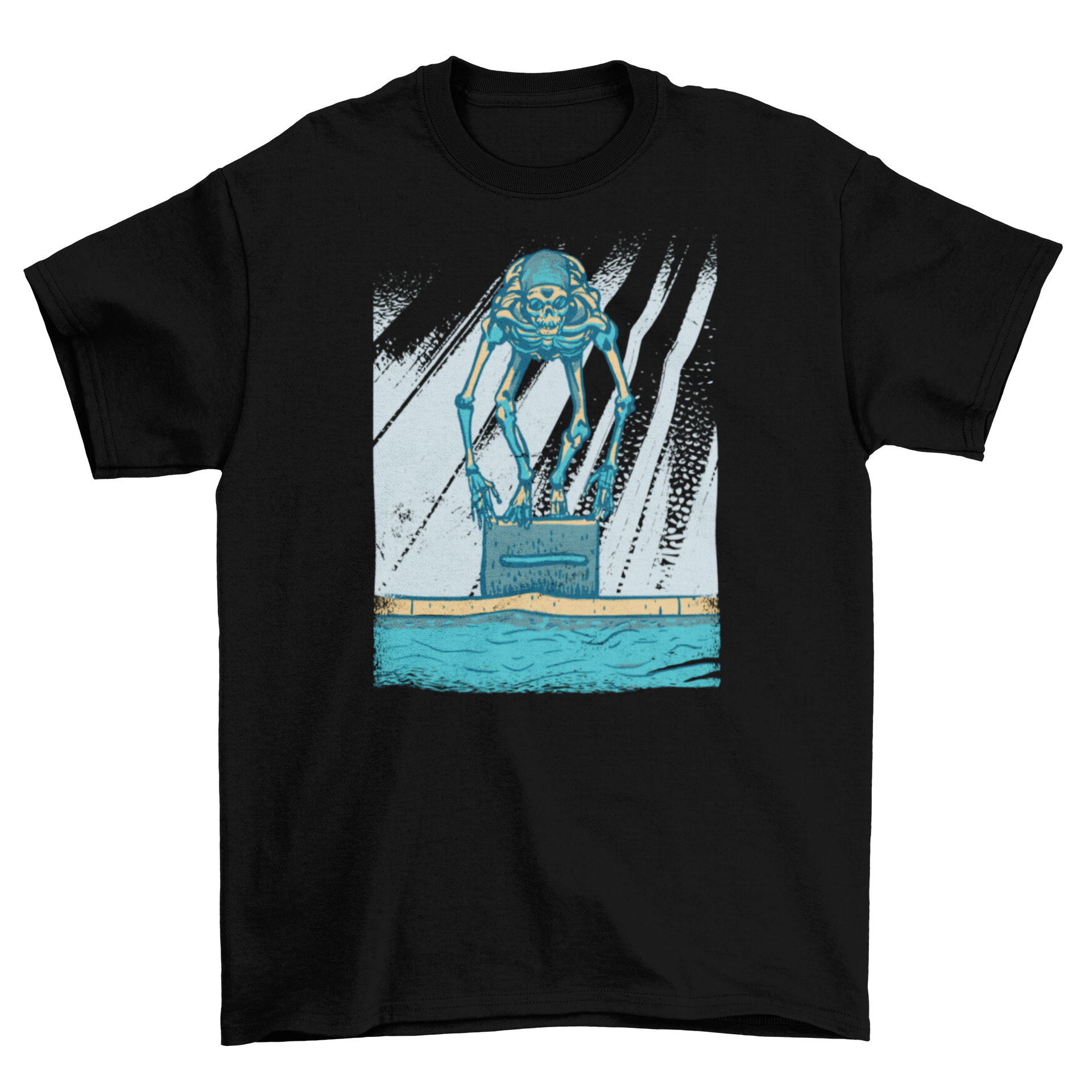 A playful t-shirt featuring a skeleton in a swimming cap diving into a pool, perfect for swim enthusiasts.