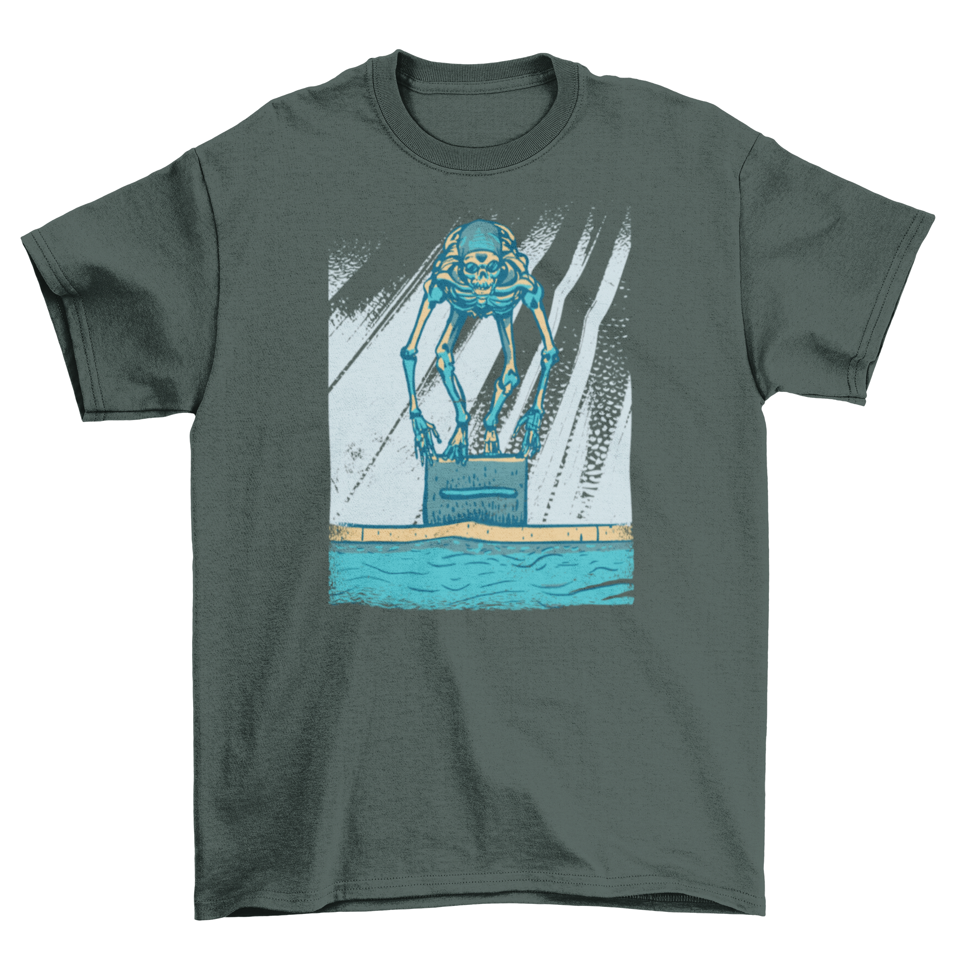 A playful t-shirt featuring a skeleton in a swimming cap diving into a pool, perfect for swim enthusiasts.