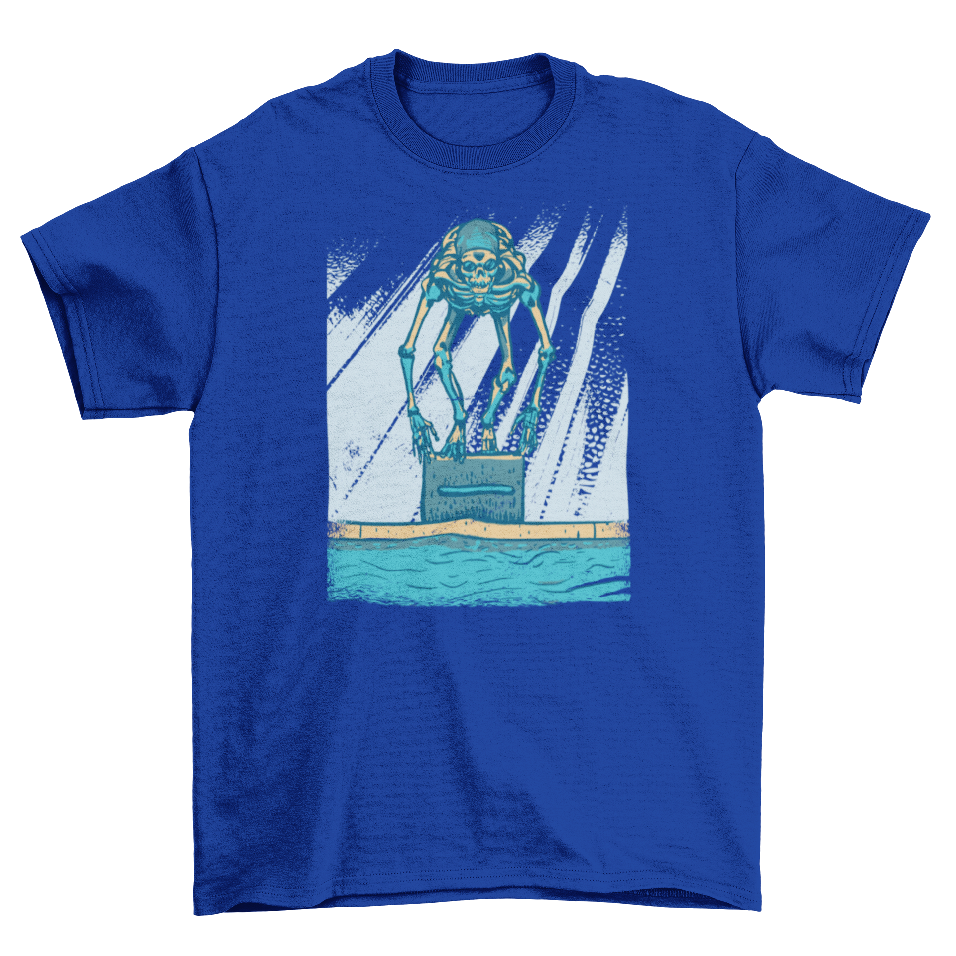 A playful t-shirt featuring a skeleton in a swimming cap diving into a pool, perfect for swim enthusiasts.