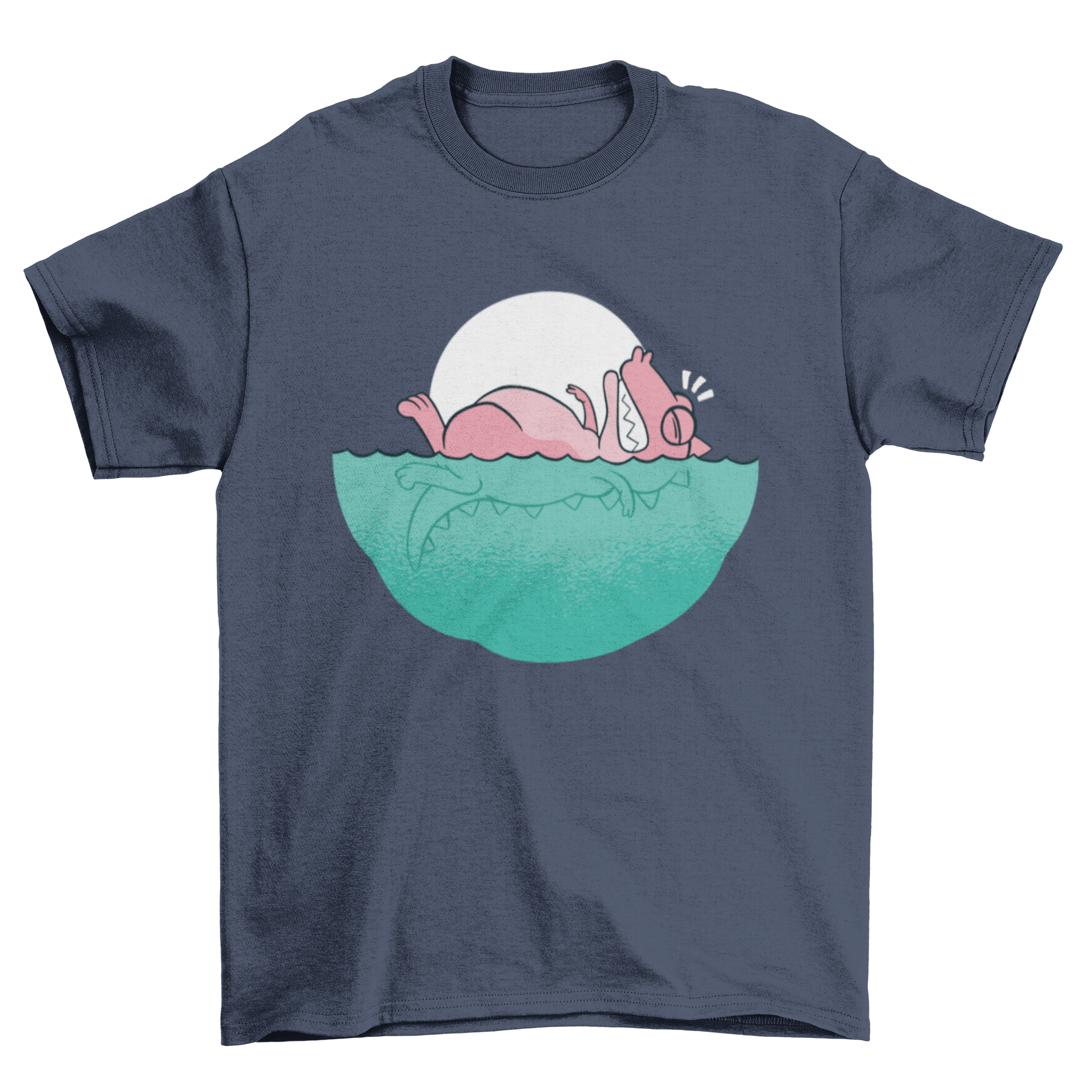 A humorous t-shirt featuring a T-Rex attempting to swim backstroke, showcasing a playful design.