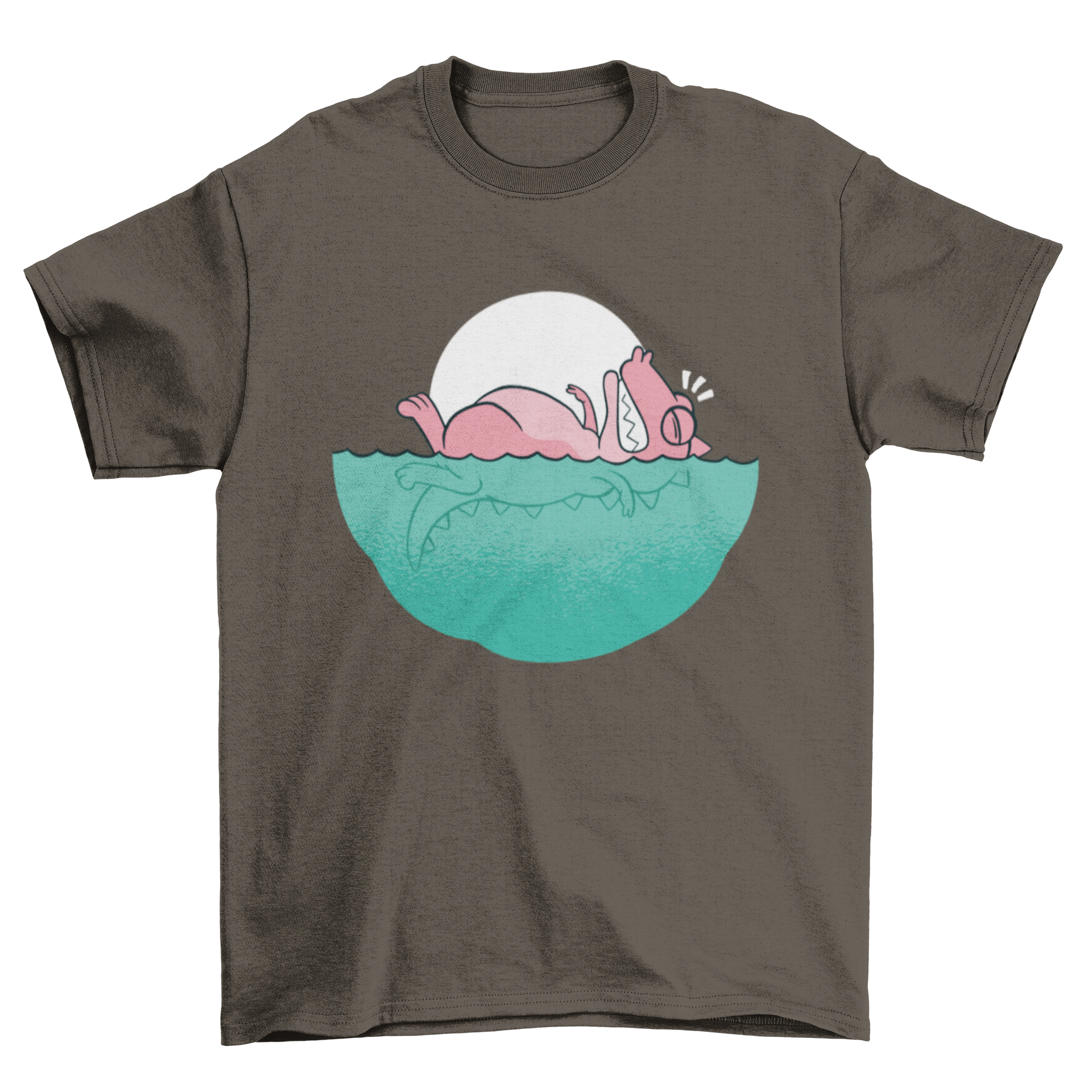 A humorous t-shirt featuring a T-Rex attempting to swim backstroke, showcasing a playful design.