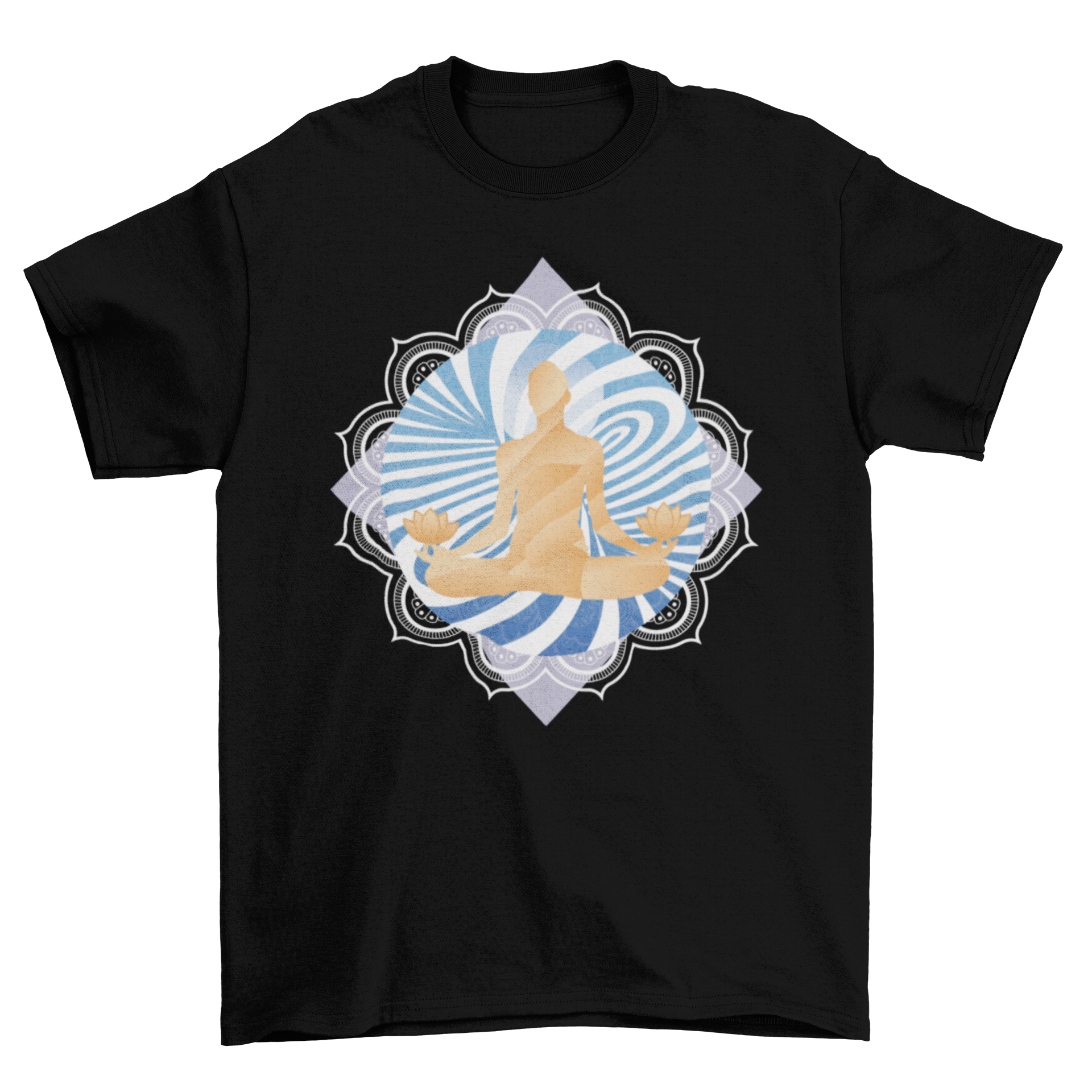 Swirl Meditation T-shirt featuring a yoga silhouette and colorful psychedelic designs on the back.