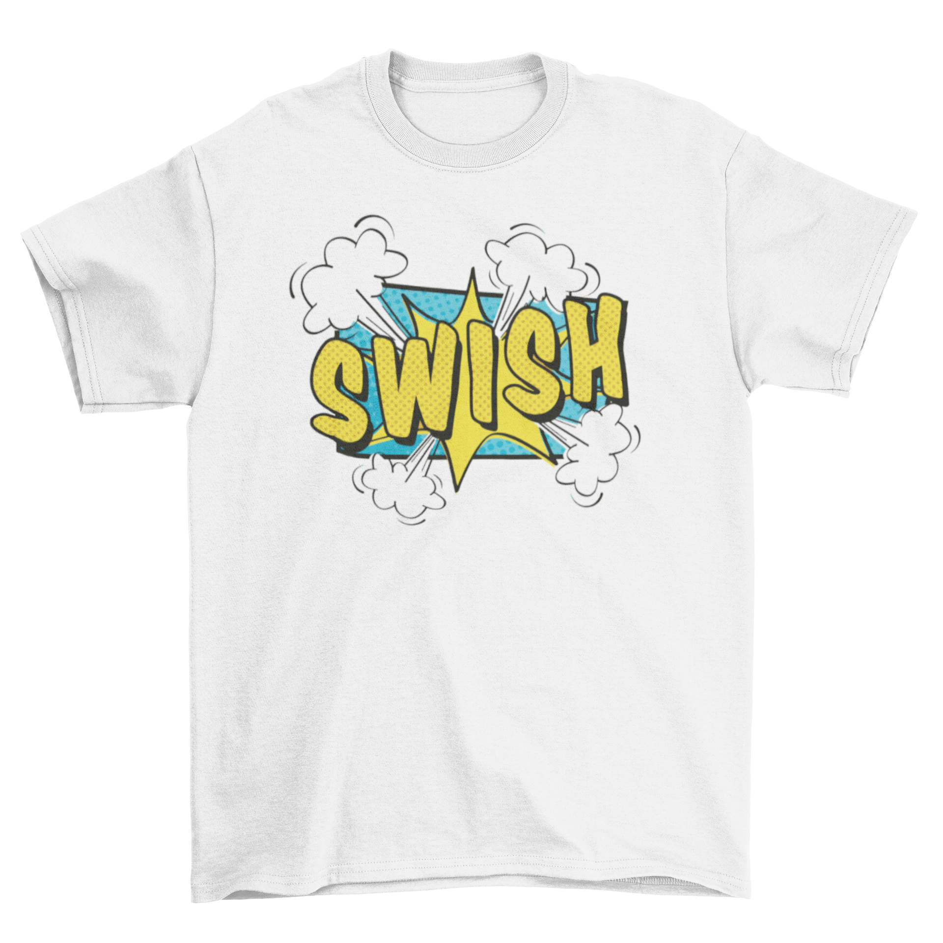 Swish comic t-shirt featuring a bold comic book style design with the word 'swish' prominently displayed.