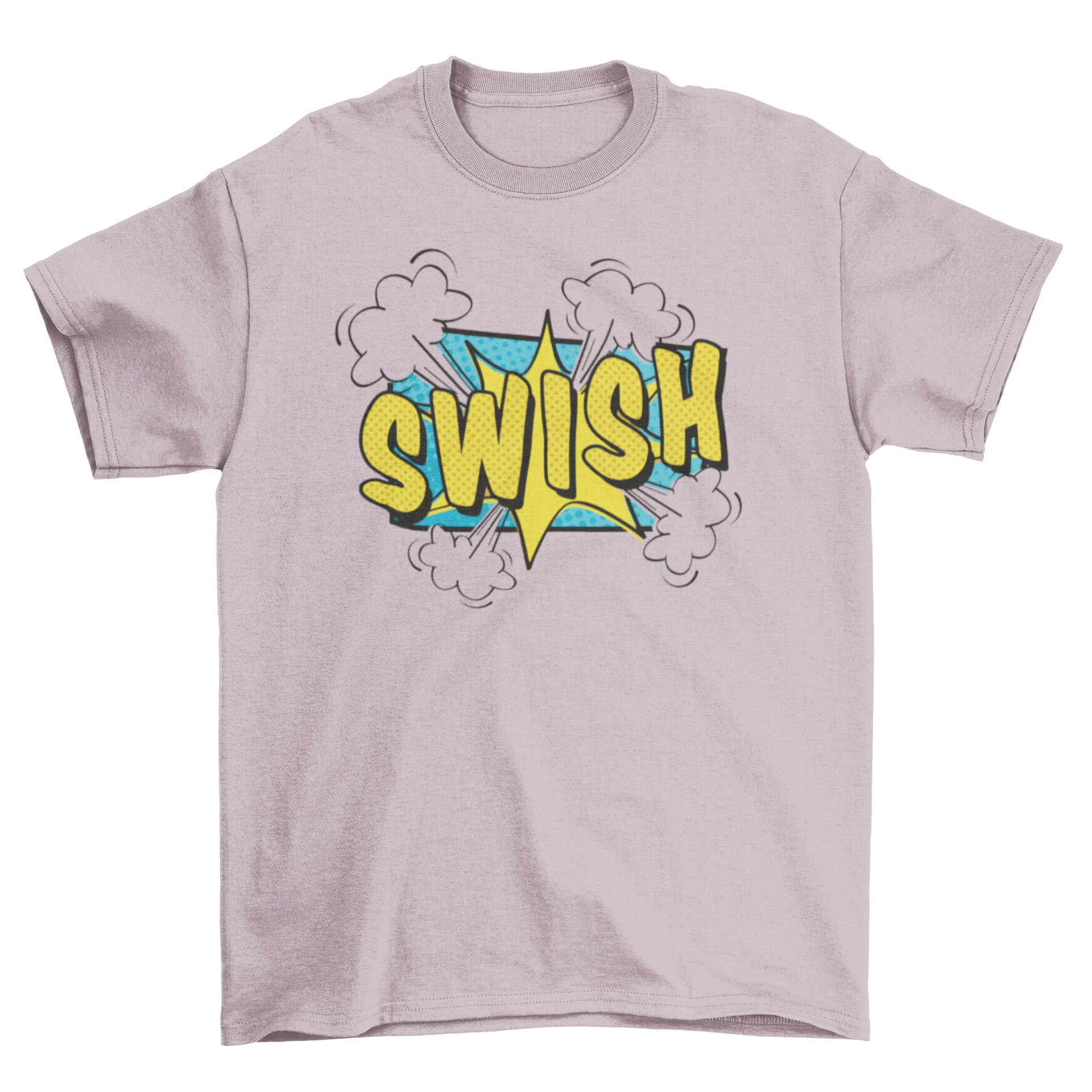 Swish comic t-shirt featuring a bold comic book style design with the word 'swish' prominently displayed.