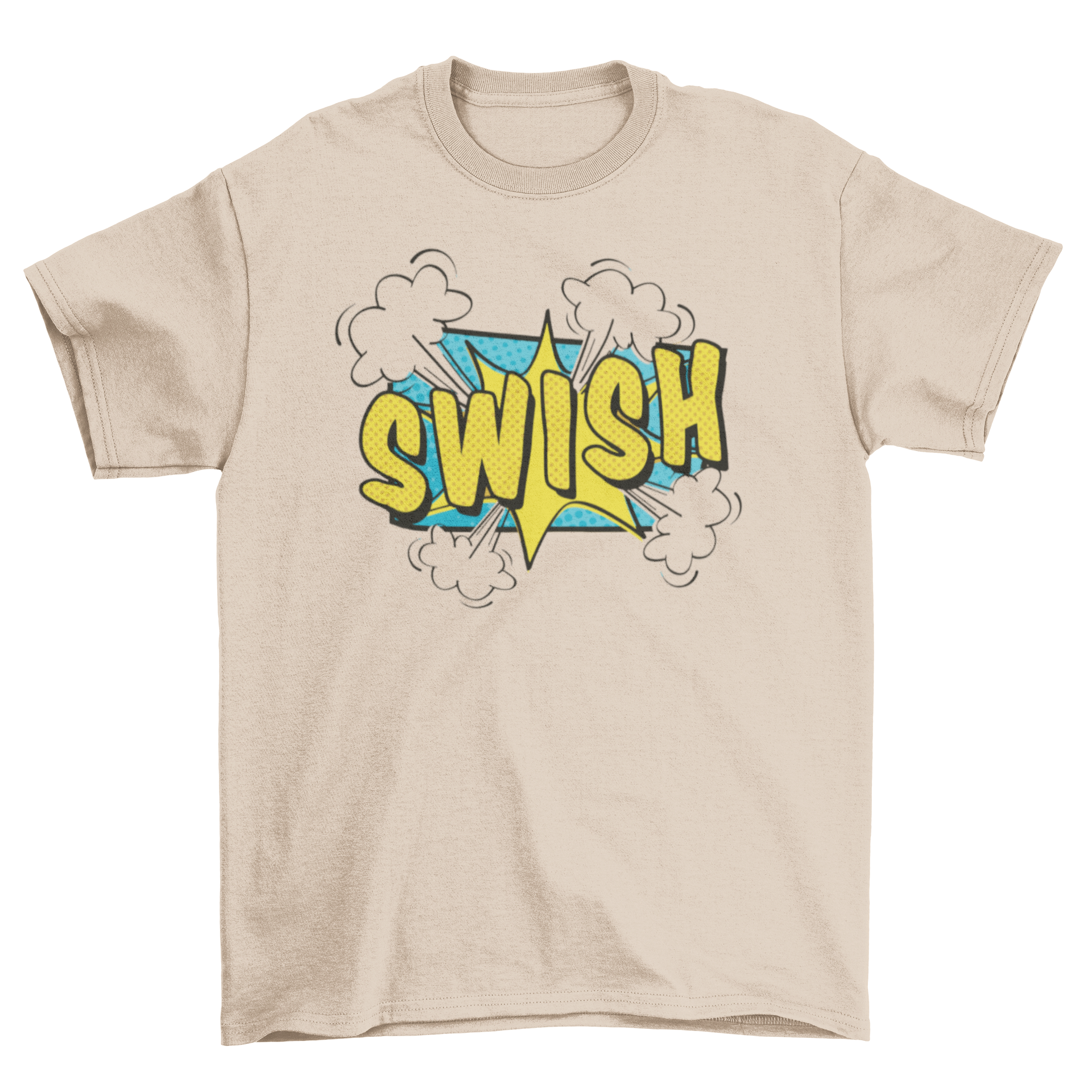 Swish comic t-shirt featuring a bold comic book style design with the word 'swish' prominently displayed.