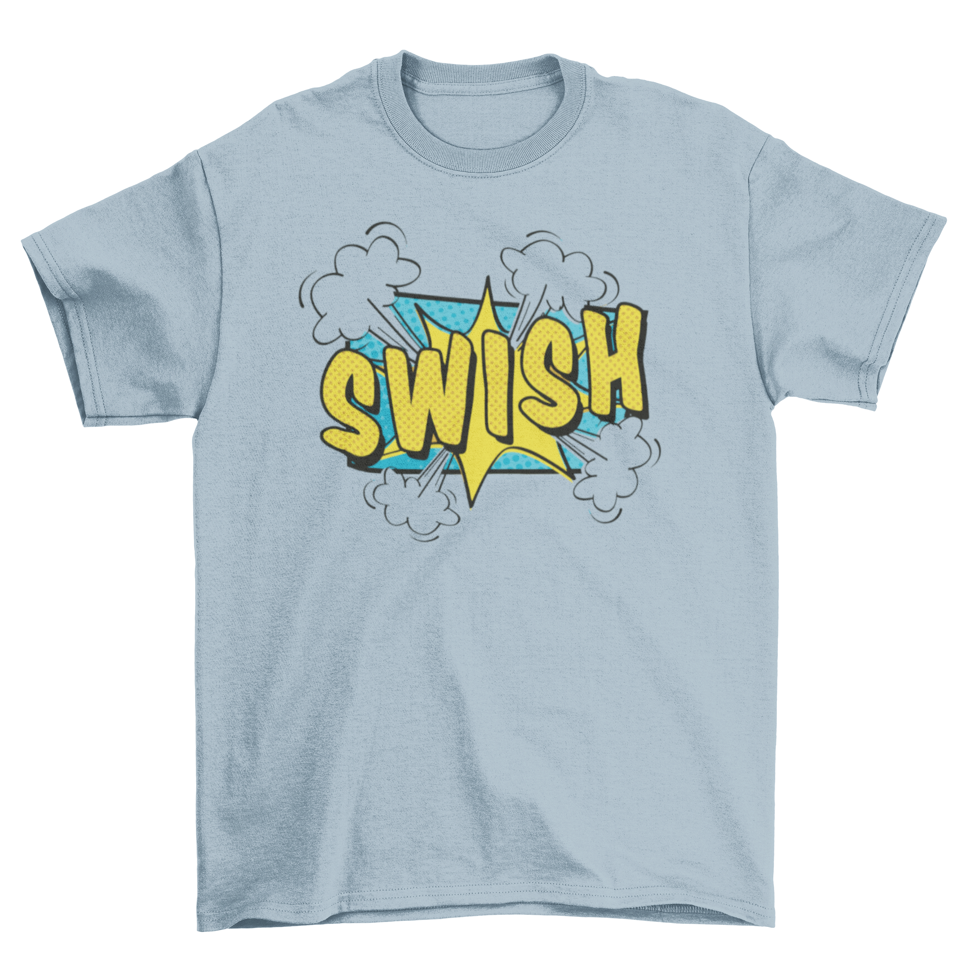 Swish comic t-shirt featuring a bold comic book style design with the word 'swish' prominently displayed.