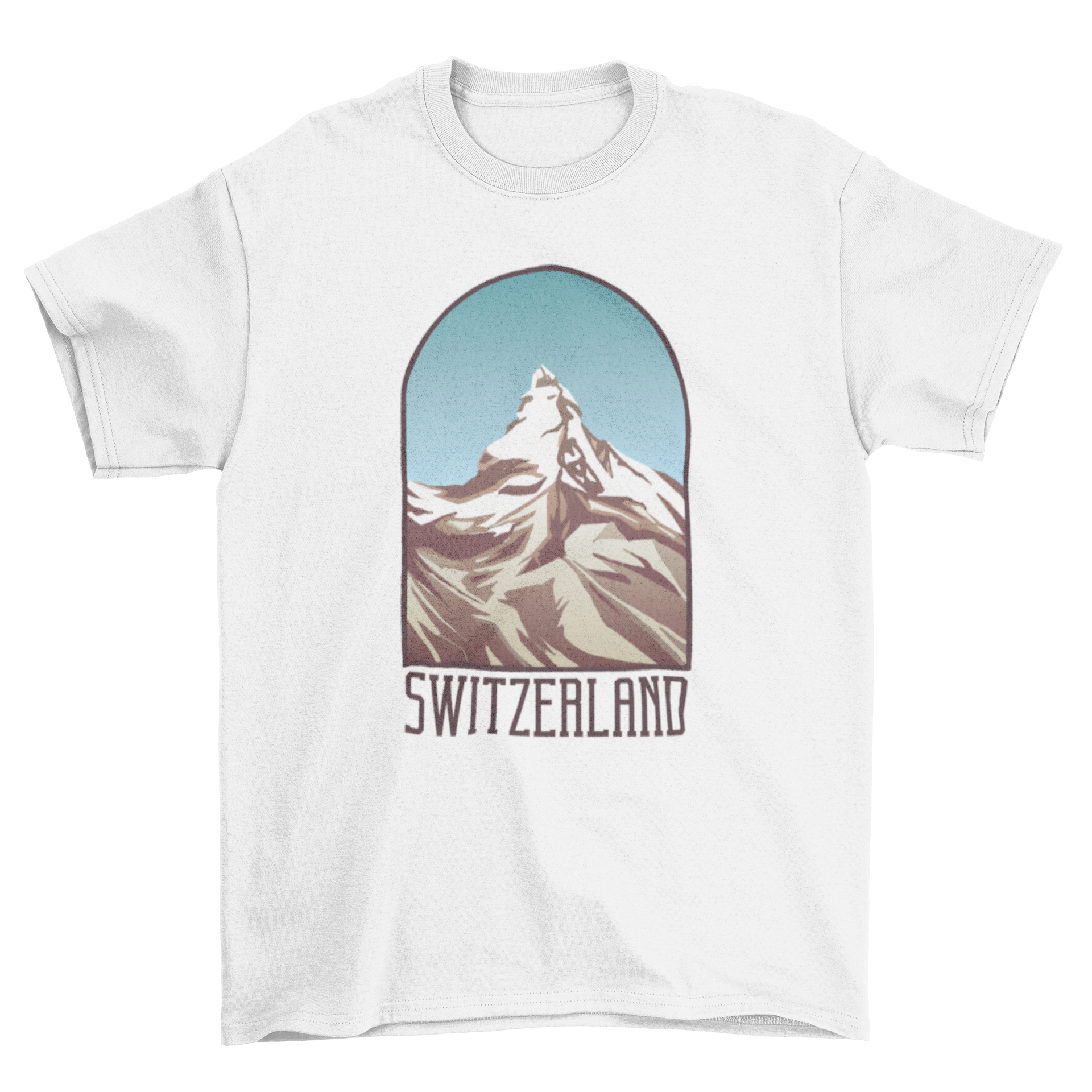 A stylish t-shirt featuring a textured mountain design and the quote 'Switzerland', perfect for nature enthusiasts.