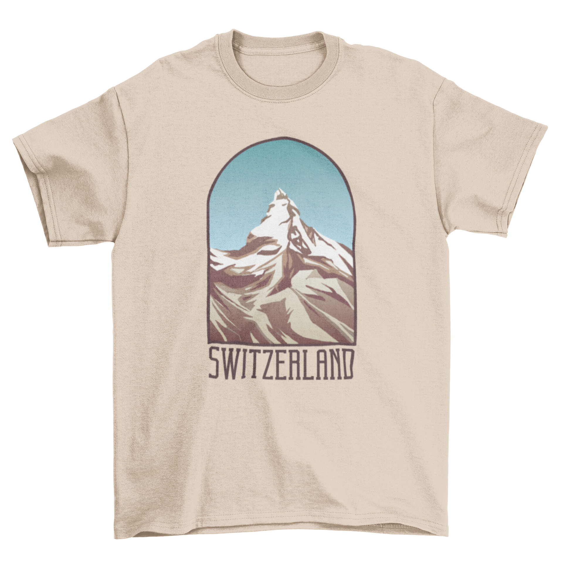 A stylish t-shirt featuring a textured mountain design and the quote 'Switzerland', perfect for nature enthusiasts.