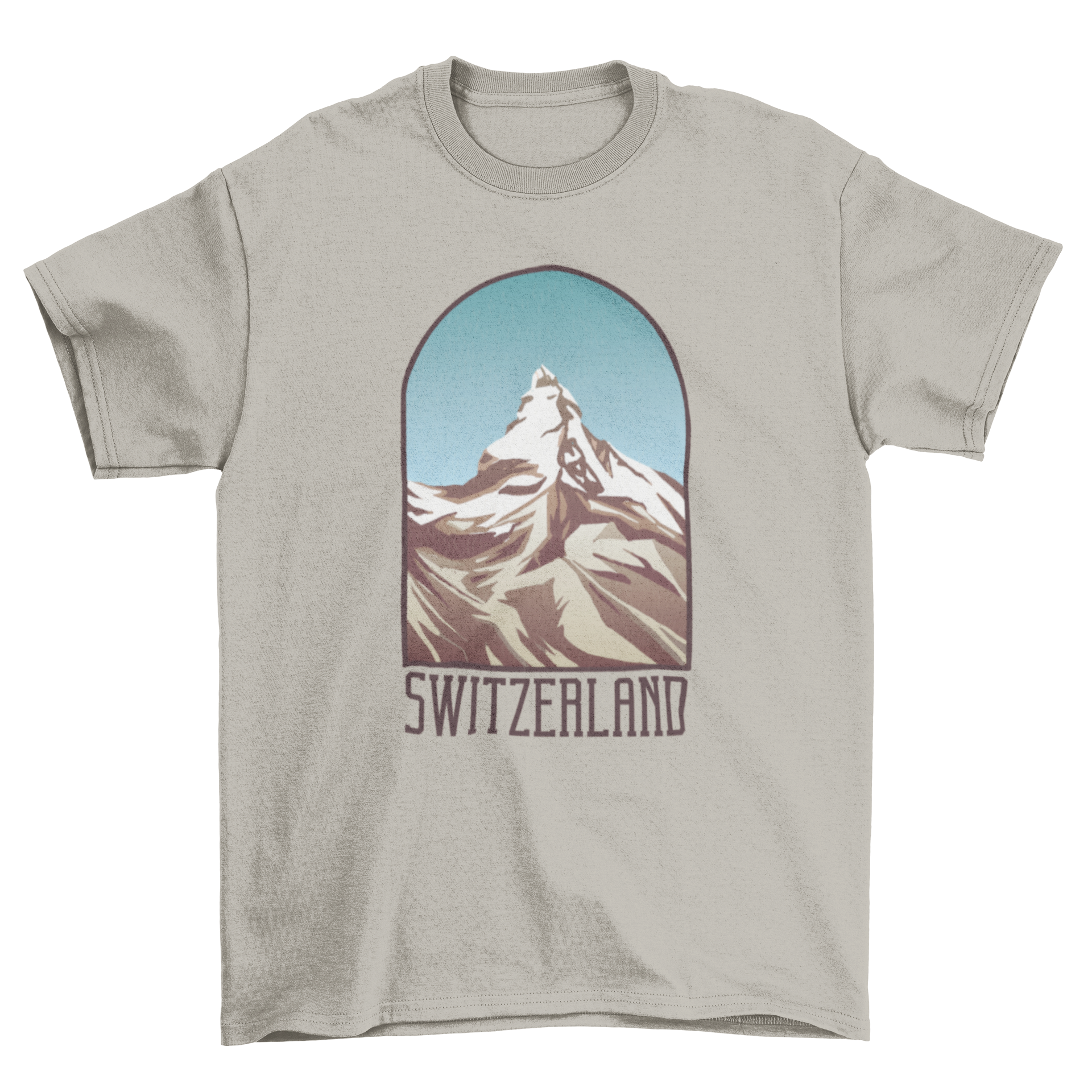 A stylish t-shirt featuring a textured mountain design and the quote 'Switzerland', perfect for nature enthusiasts.