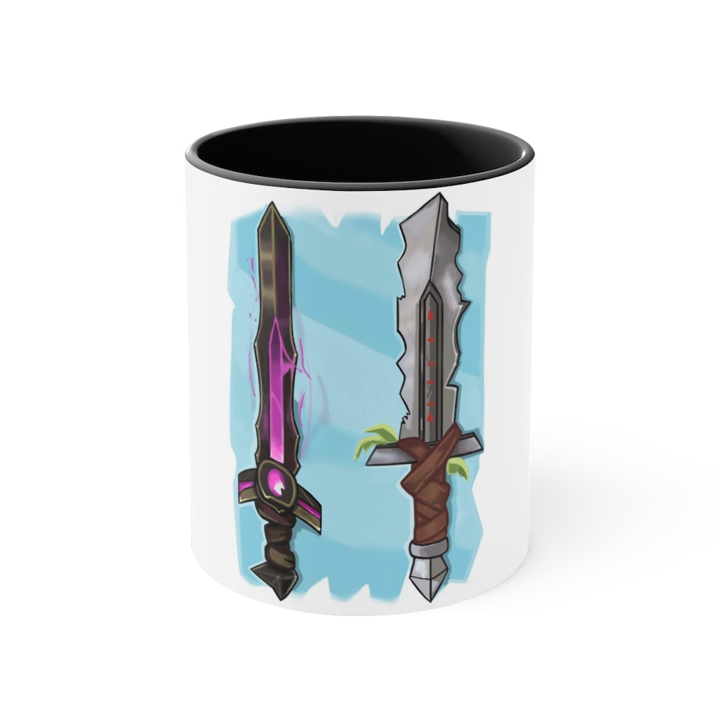 Sword Accent Coffee Mug with two-tone design and C-handle, showcasing vibrant colors and comfortable grip.