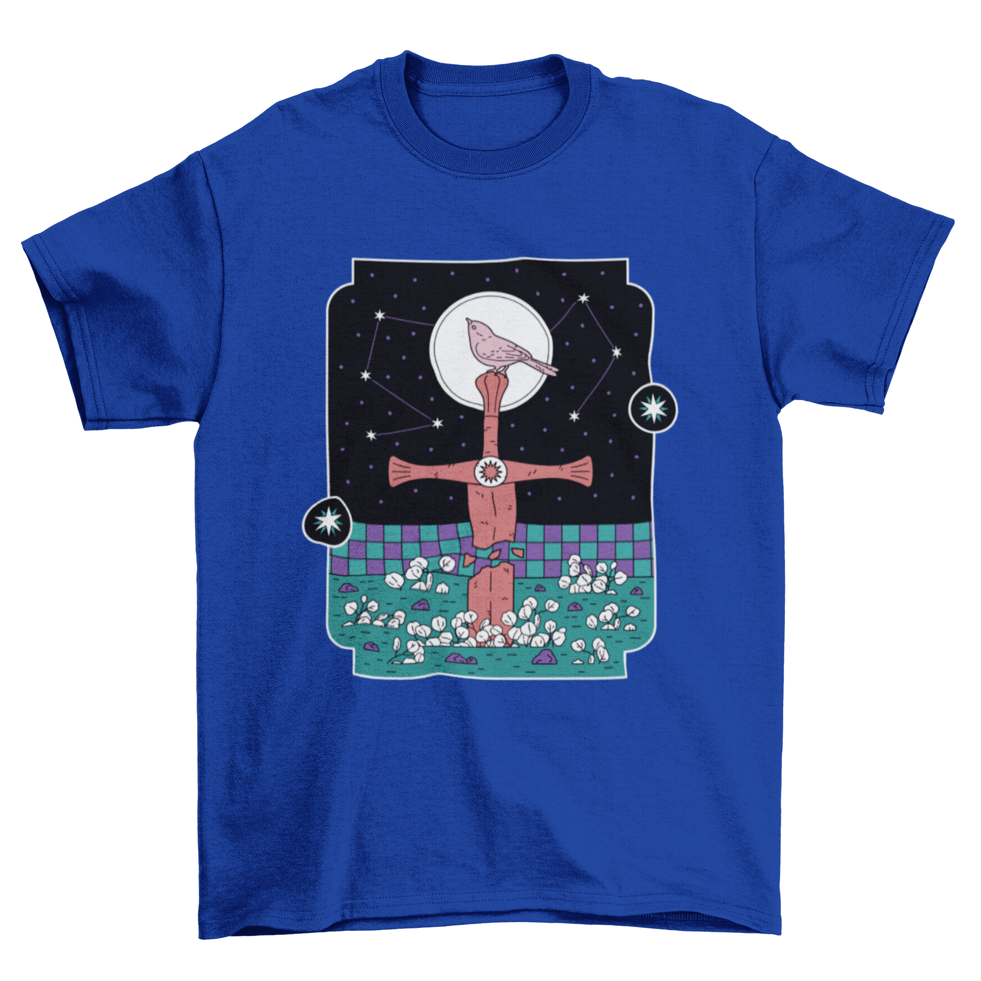 Sword Bird T-Shirt featuring a bird on a sword with a night sky background, showcasing vibrant colors and intricate design.