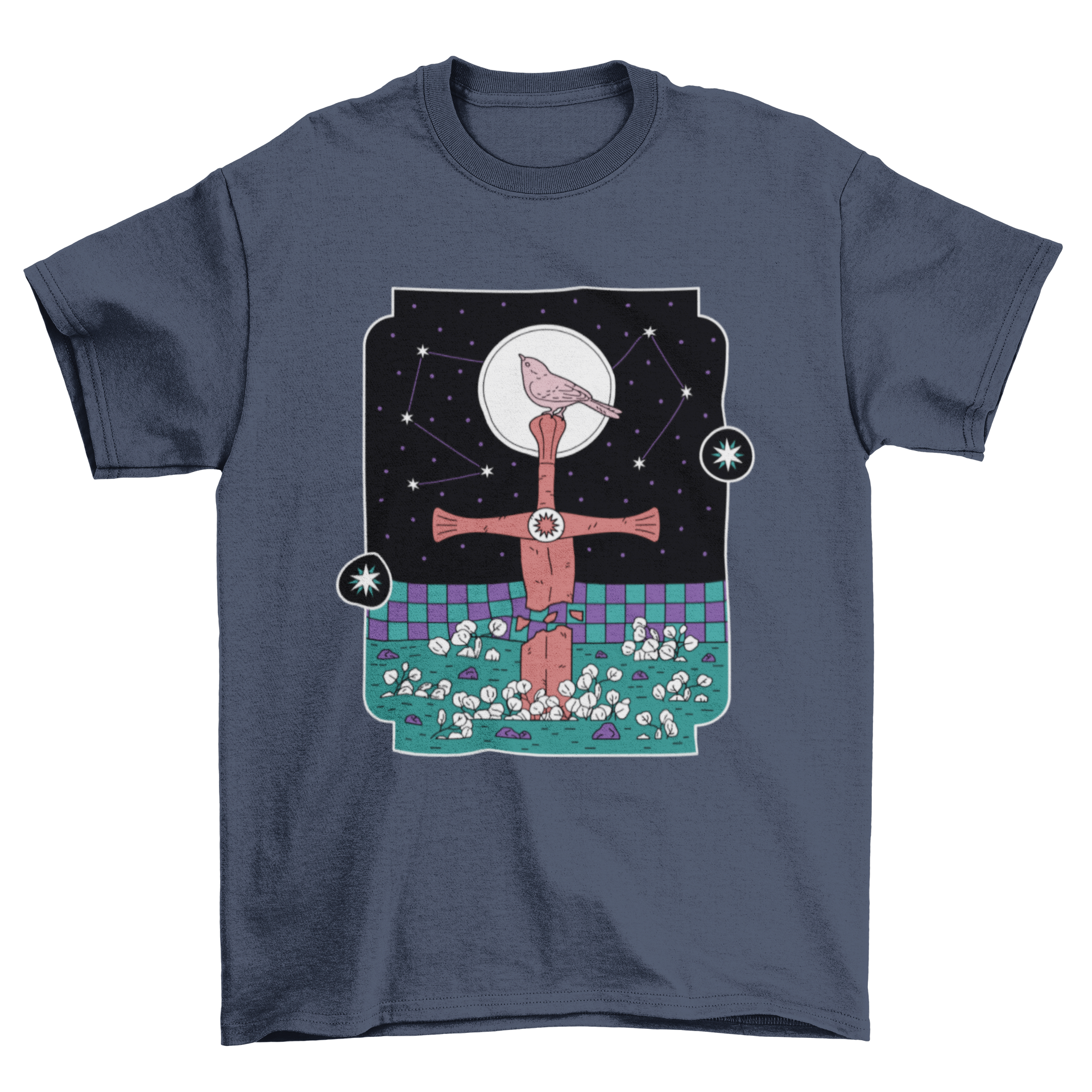 Sword Bird T-Shirt featuring a bird on a sword with a night sky background, showcasing vibrant colors and intricate design.