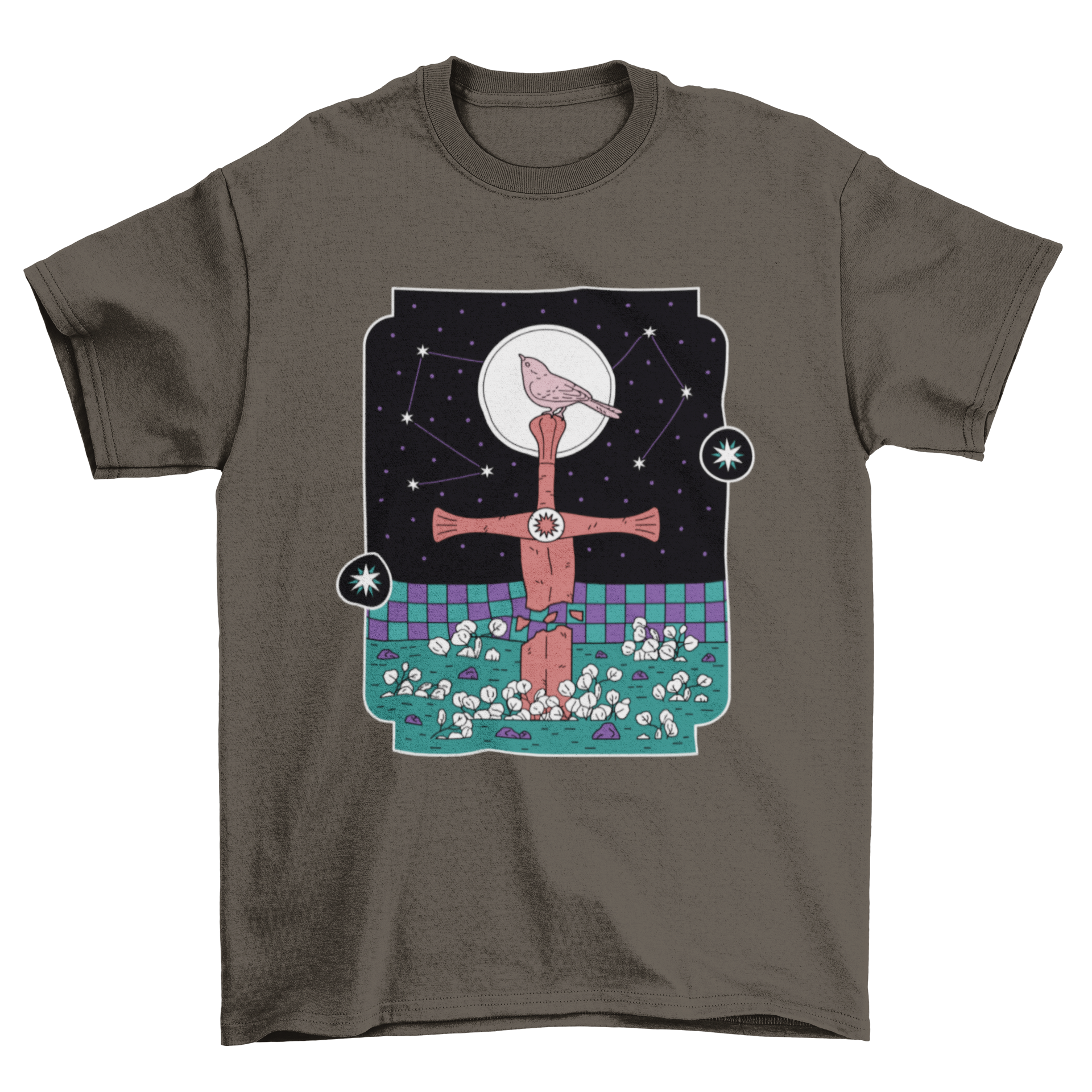 Sword Bird T-Shirt featuring a bird on a sword with a night sky background, showcasing vibrant colors and intricate design.