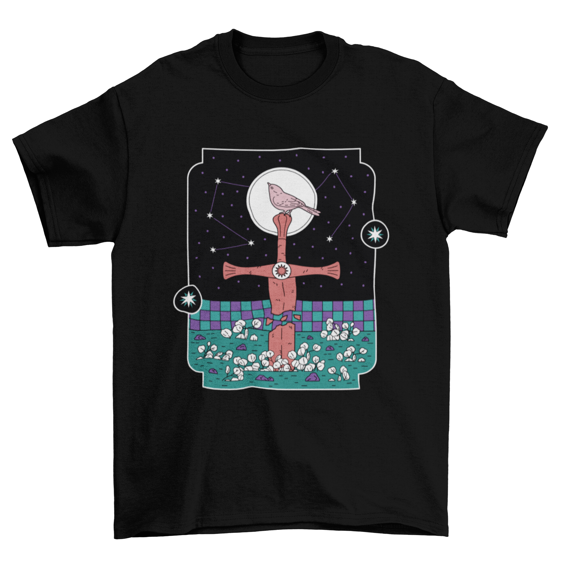 Sword Bird T-Shirt featuring a bird on a sword with a night sky background, showcasing vibrant colors and intricate design.