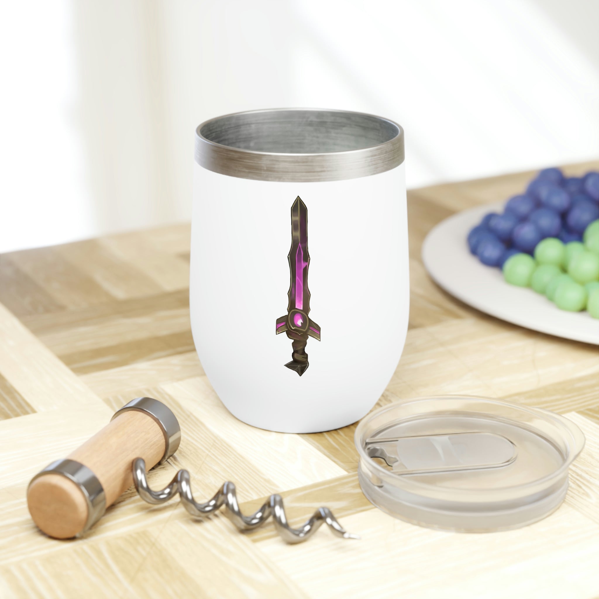 Sword Chill Wine Tumbler in stainless steel with a customizable design, showcasing its double-insulated walls and stemless shape.