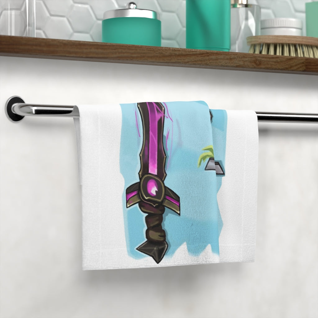 A vibrant Sword Face Towel featuring a customizable polyester front and soft cotton back, ideal for bathroom use.