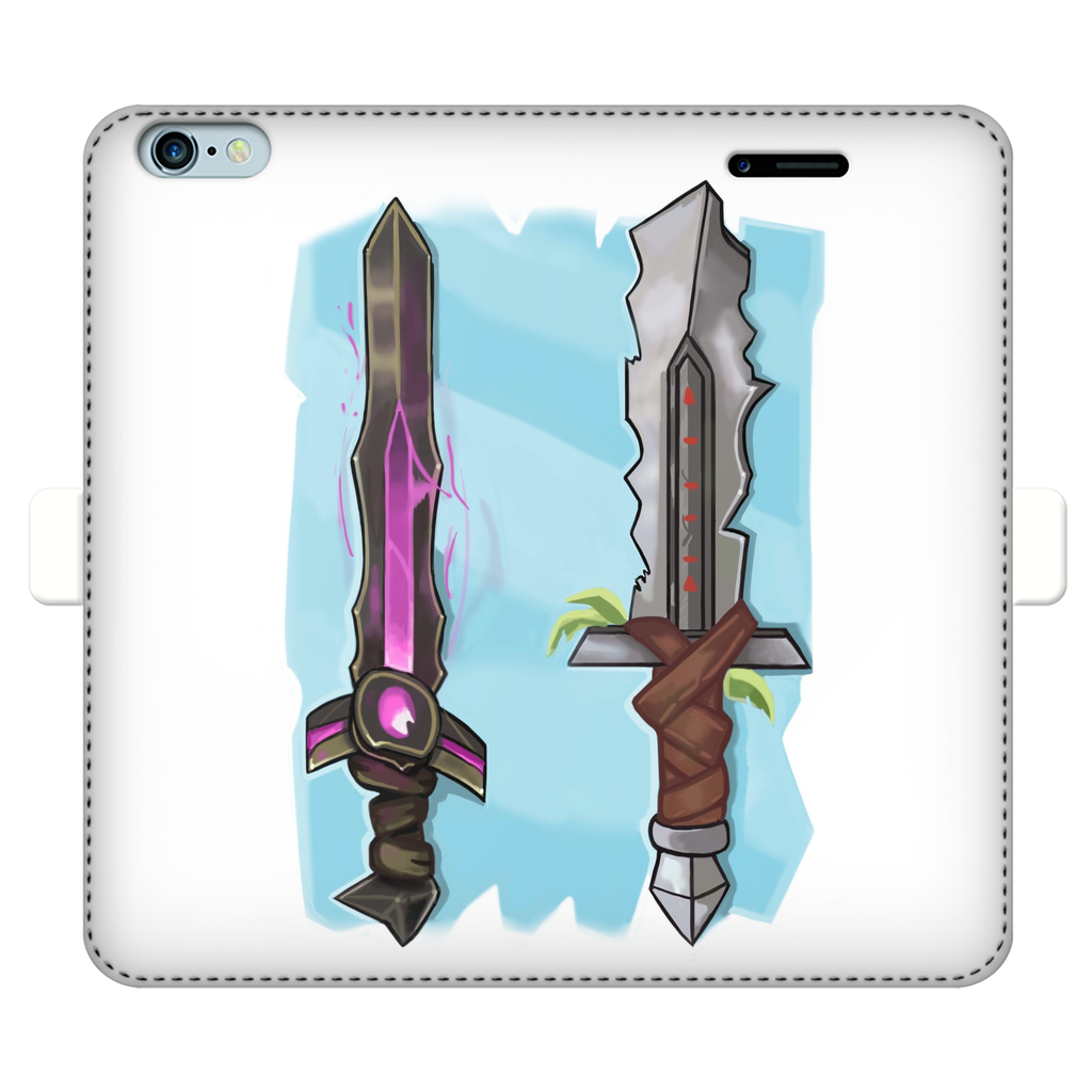 Sword Fully Printed Wallet Case featuring vibrant UV-printed designs, magnetic closure, and faux leather material, suitable for iPhone and Samsung models.