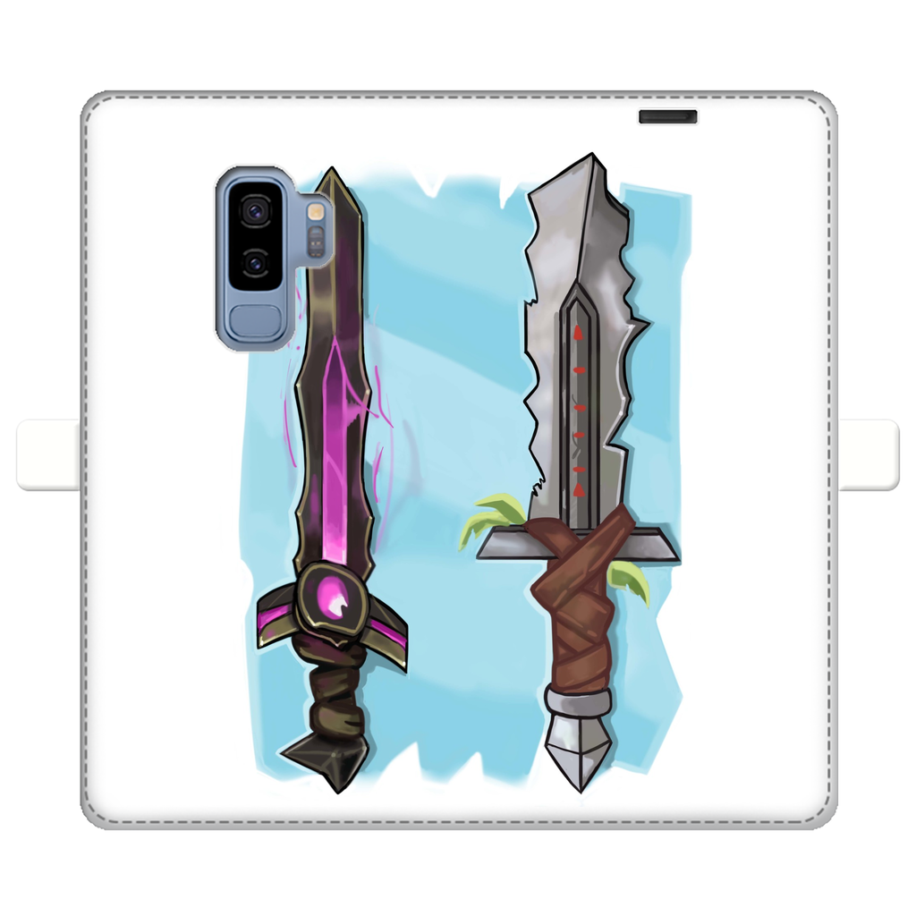 Sword Fully Printed Wallet Case featuring vibrant UV-printed designs, magnetic closure, and faux leather material, suitable for iPhone and Samsung models.