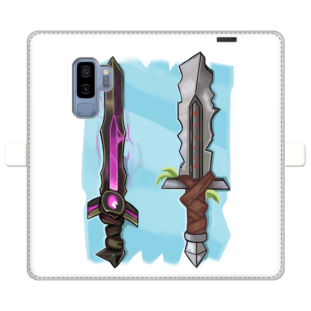 Sword Fully Printed Wallet Case featuring vibrant UV-printed designs, magnetic closure, and faux leather material, suitable for iPhone and Samsung models.