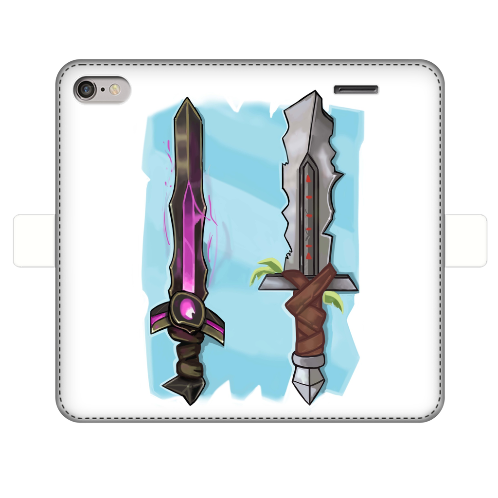 Sword Fully Printed Wallet Case featuring vibrant UV-printed designs, magnetic closure, and faux leather material, suitable for iPhone and Samsung models.