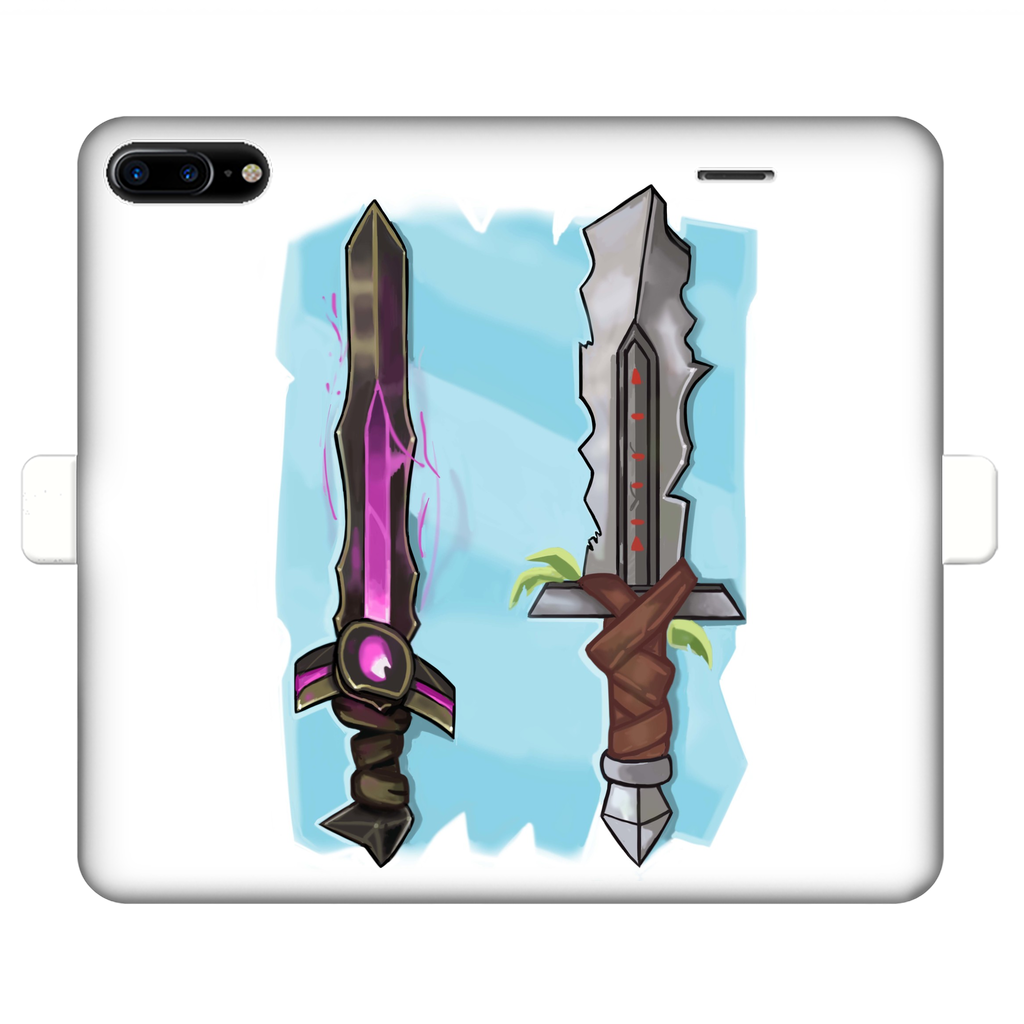 Sword Fully Printed Wallet Case featuring vibrant UV-printed designs, magnetic closure, and faux leather material, suitable for iPhone and Samsung models.