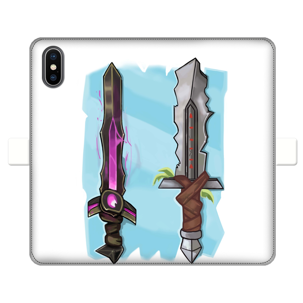 Sword Fully Printed Wallet Case featuring vibrant UV-printed designs, magnetic closure, and faux leather material, suitable for iPhone and Samsung models.