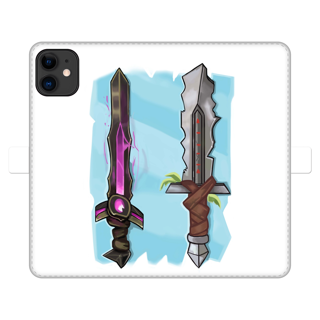 Sword Fully Printed Wallet Case featuring vibrant UV-printed designs, magnetic closure, and faux leather material, suitable for iPhone and Samsung models.