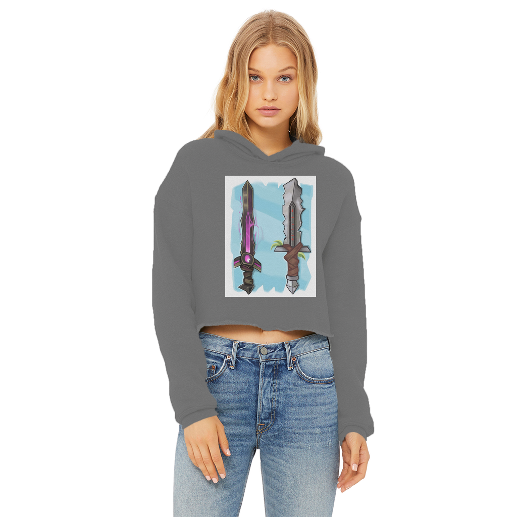 Sword Ladies Cropped Raw Edge Hoodie in various colors, showcasing its stylish cropped design and raw edge hem.