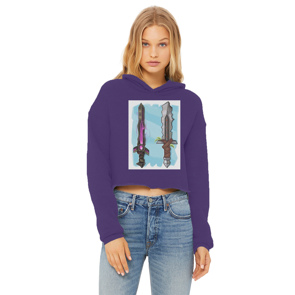 Sword Ladies Cropped Raw Edge Hoodie in various colors, showcasing its stylish cropped design and raw edge hem.