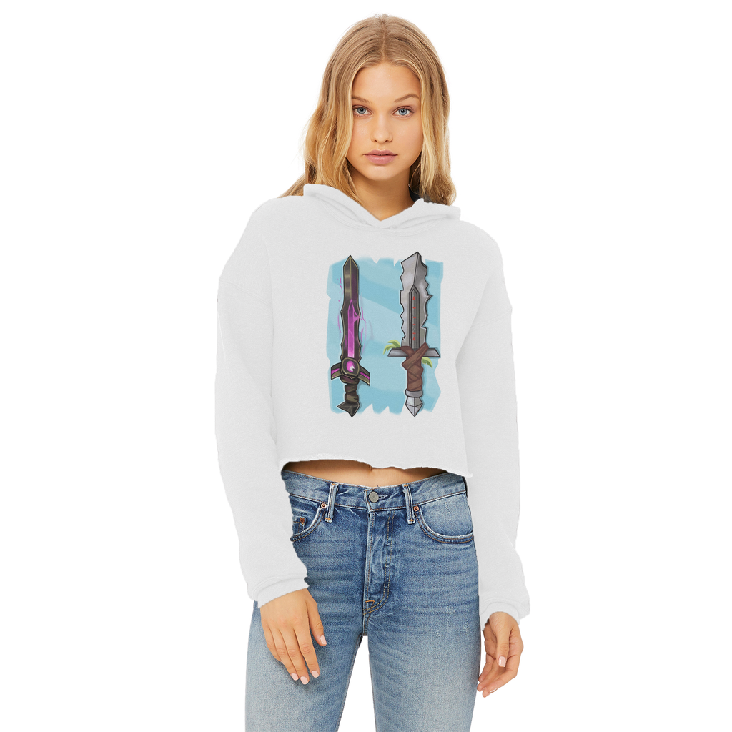 Sword Ladies Cropped Raw Edge Hoodie in various colors, showcasing its stylish cropped design and raw edge hem.