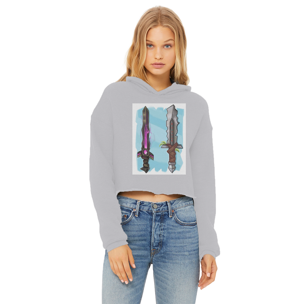 Sword Ladies Cropped Raw Edge Hoodie in various colors, showcasing its stylish cropped design and raw edge hem.